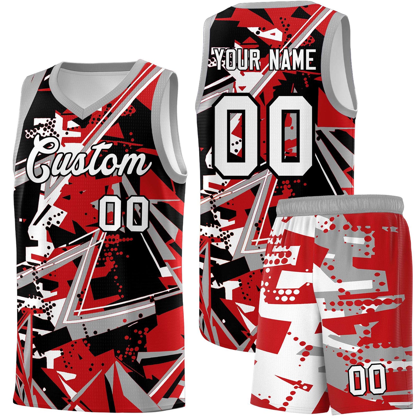 Custom Youth Basketball Jerseys Red Gray Abstract Graffiti Personalized Team Name & Number