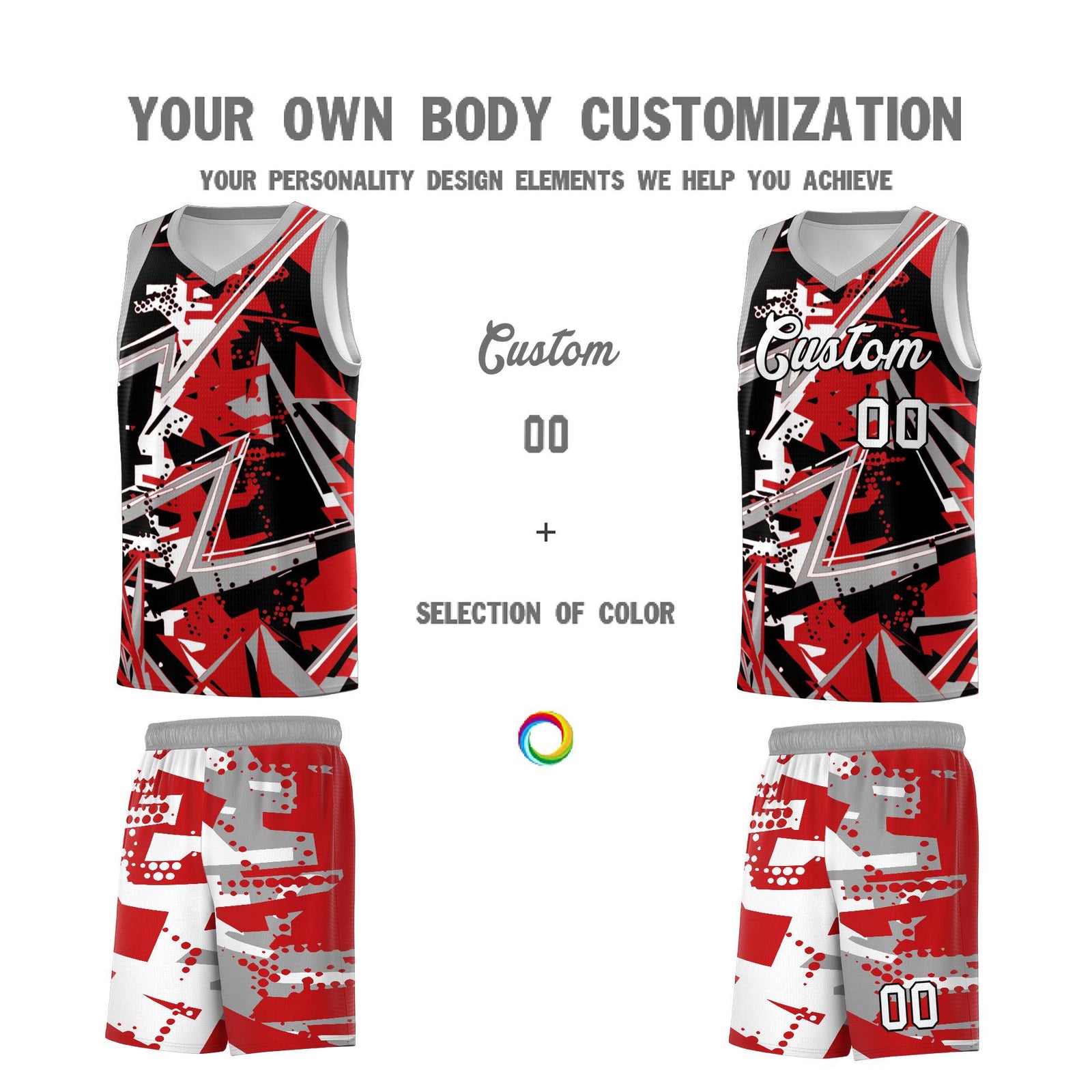Custom Youth Basketball Jerseys Red Gray Abstract Graffiti Personalized Team Name & Number