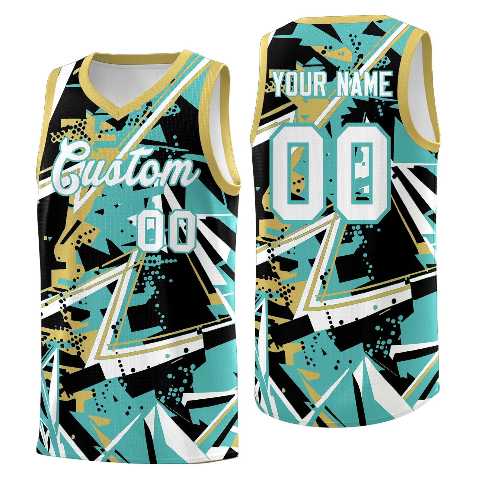 Custom Youth Basketball Jerseys Teal Old Gold Abstract Graffiti Personalized Street Style Uniform