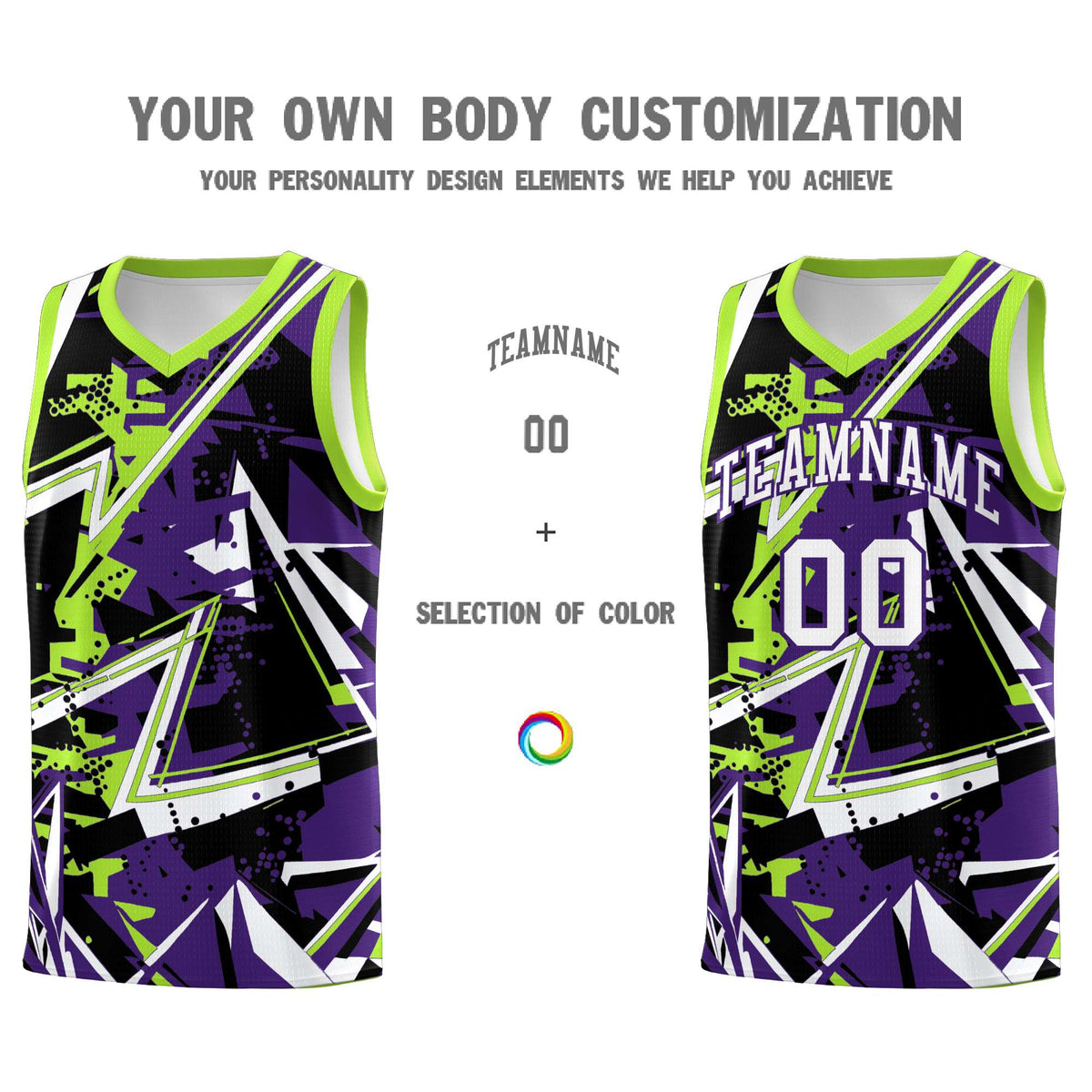 Custom Youth Basketball Jerseys Purple Neon Green Abstract Graffiti Personalized Team Name &amp; Number