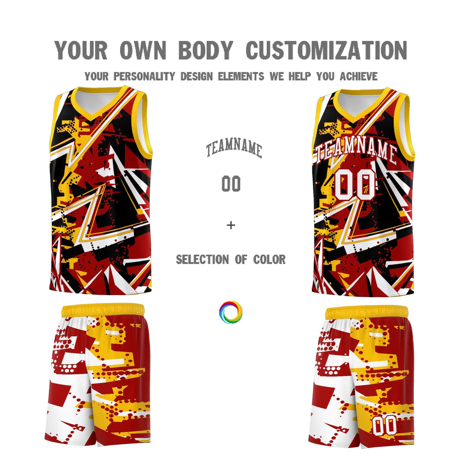Custom Youth Basketball Jerseys Red Yellow Abstract Graffiti Personalized Street Style Uniform