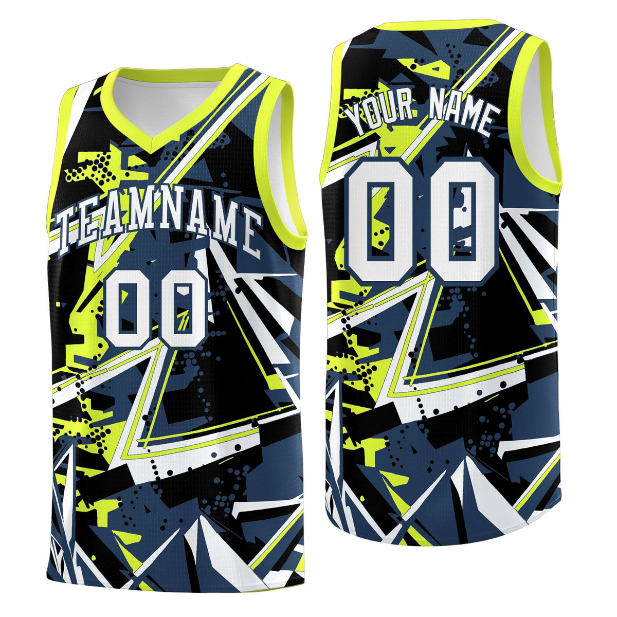Custom Youth Basketball Jerseys Midnight Blue Fluorescent Green Abstract Graffiti Urban Style Personalized Uniform