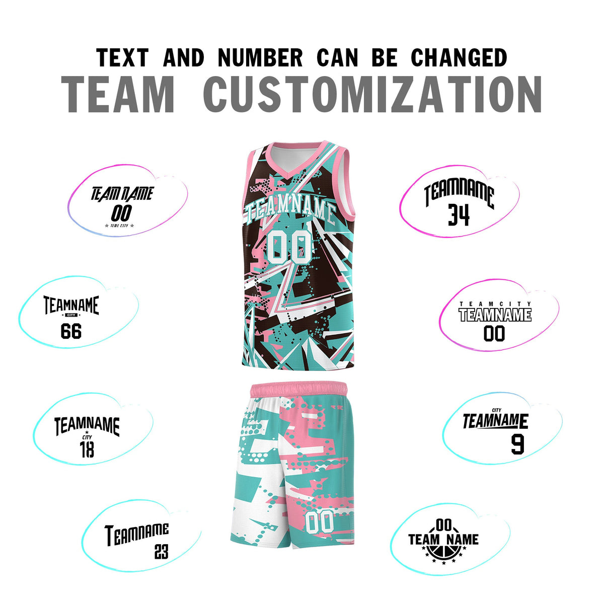Custom Youth Basketball Jerseys Teal Pink Abstract Graffiti Urban Style Personalized Uniform