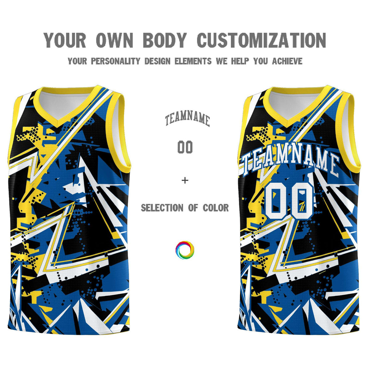 Custom Youth Basketball Jerseys Royal Gold Abstract Graffiti Personalized Team Name &amp; Number