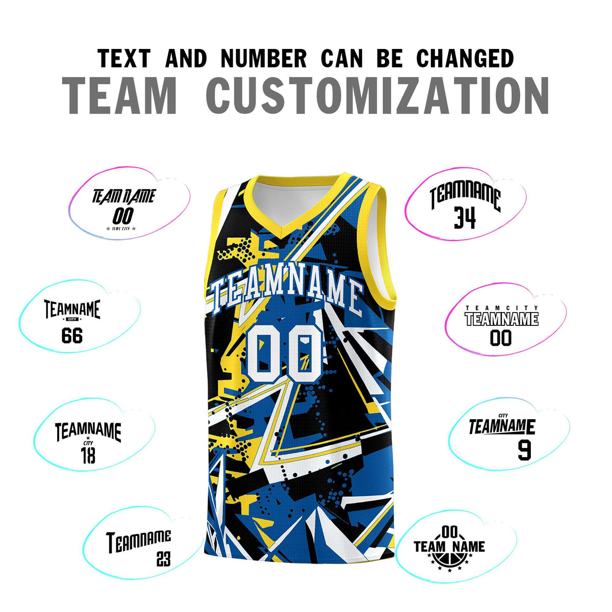 Custom Youth Basketball Jerseys Royal Gold Abstract Graffiti Personalized Team Name &amp; Number