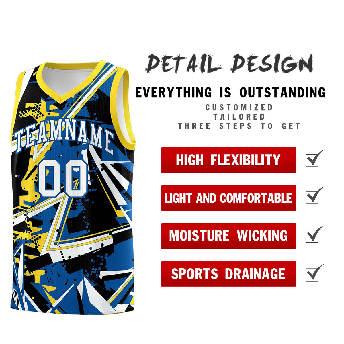 Custom Youth Basketball Jerseys Royal Gold Abstract Graffiti Personalized Team Name &amp; Number