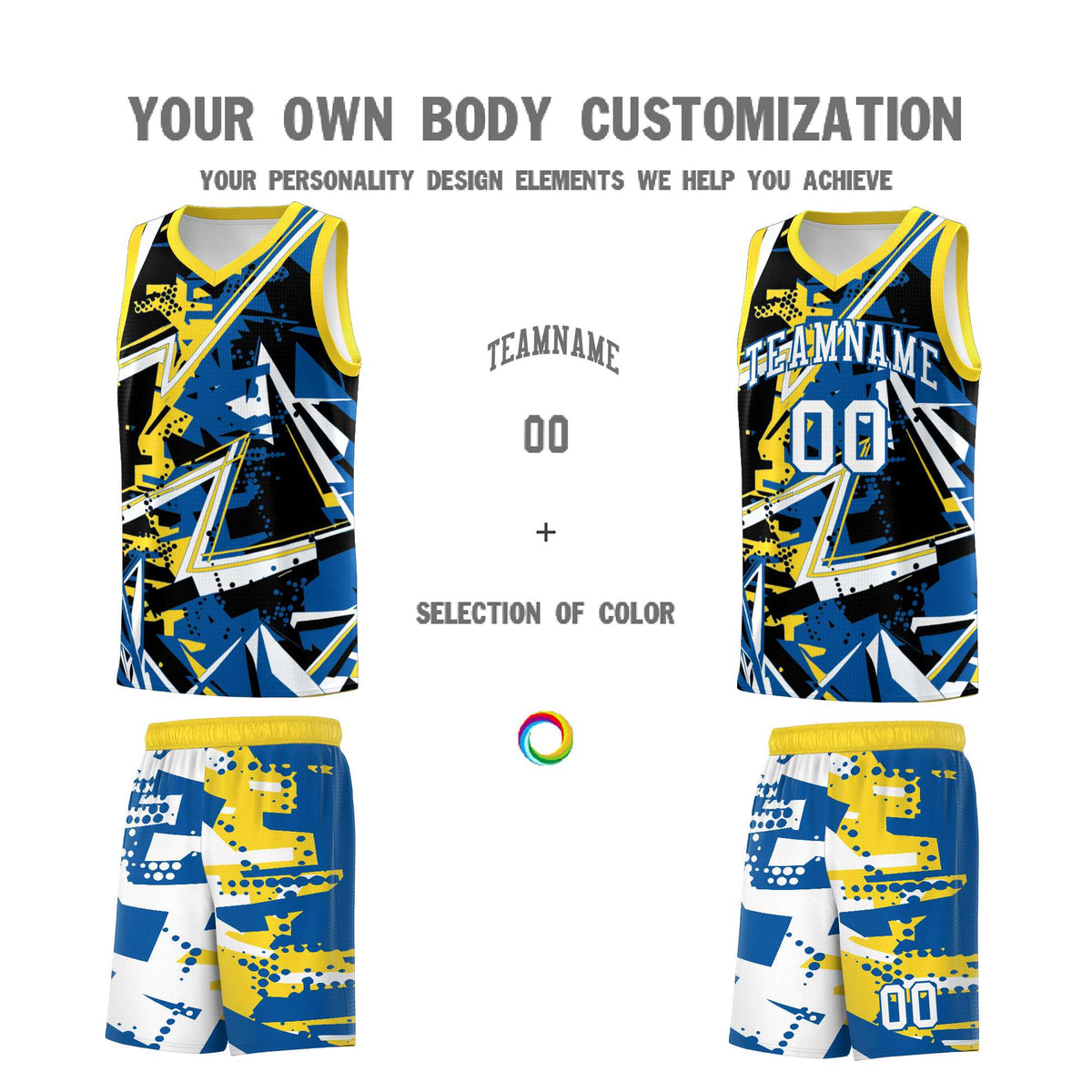 Custom Youth Basketball Jerseys Royal Gold Abstract Graffiti Personalized Team Name &amp; Number