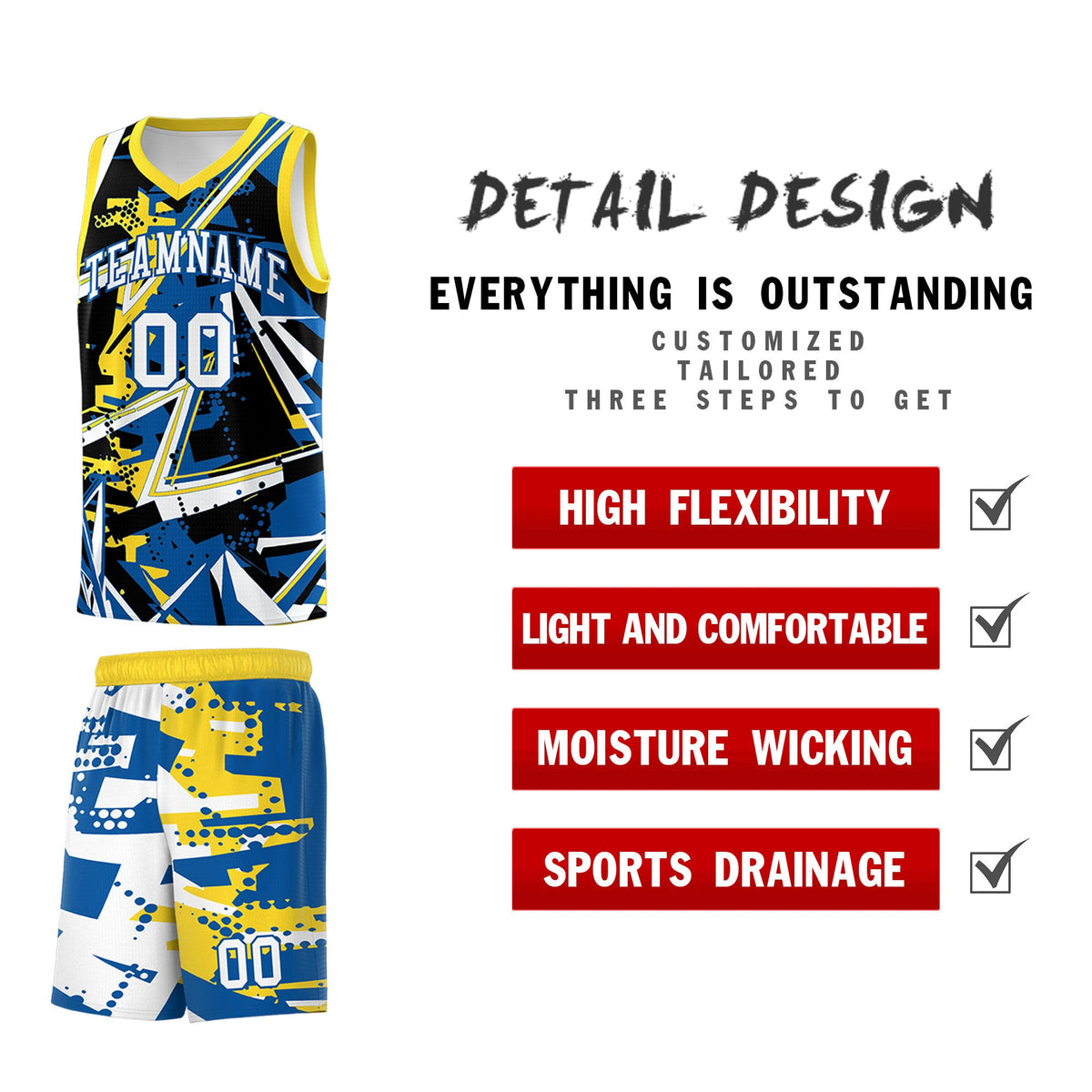 Custom Youth Basketball Jerseys Royal Gold Abstract Graffiti Personalized Team Name &amp; Number
