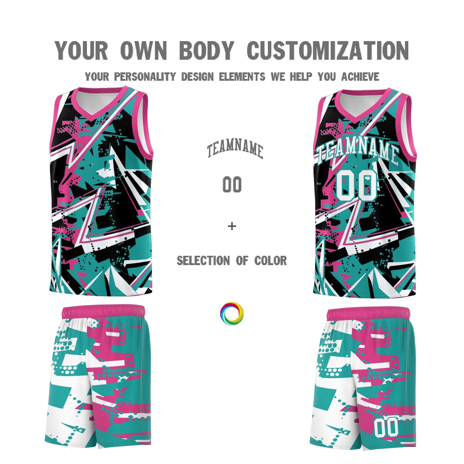Custom Youth Basketball Jerseys Aqua Rose Red Abstract Graffiti Urban Style Personalized Uniform