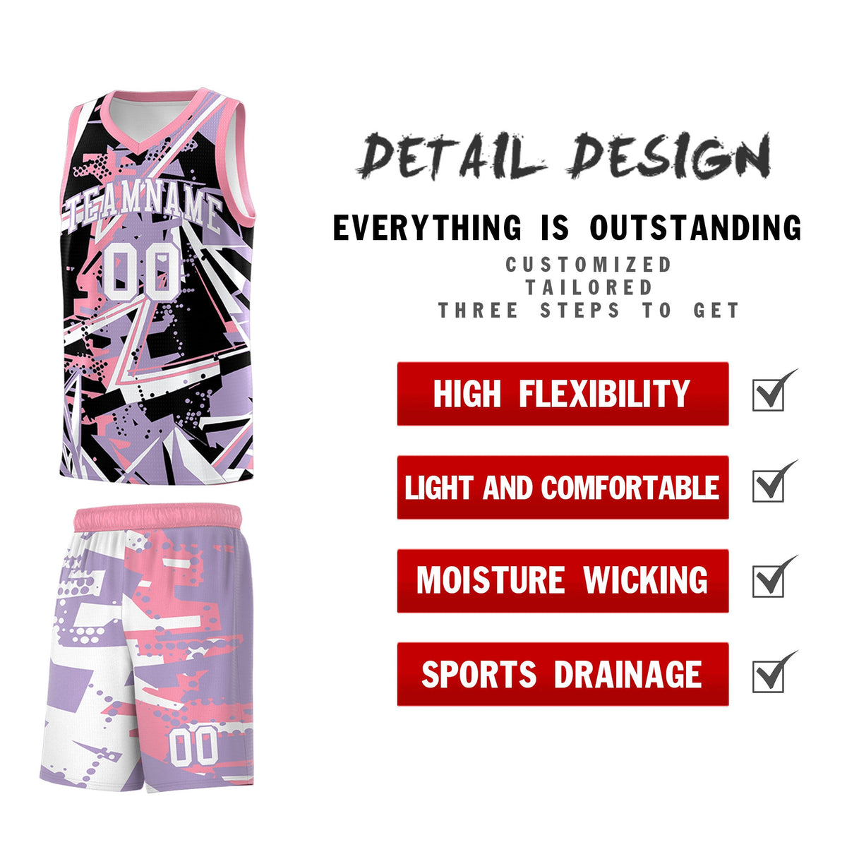 Custom Youth Basketball Jerseys Light Purple Pink Abstract Graffiti Personalized Team Name &amp; Number