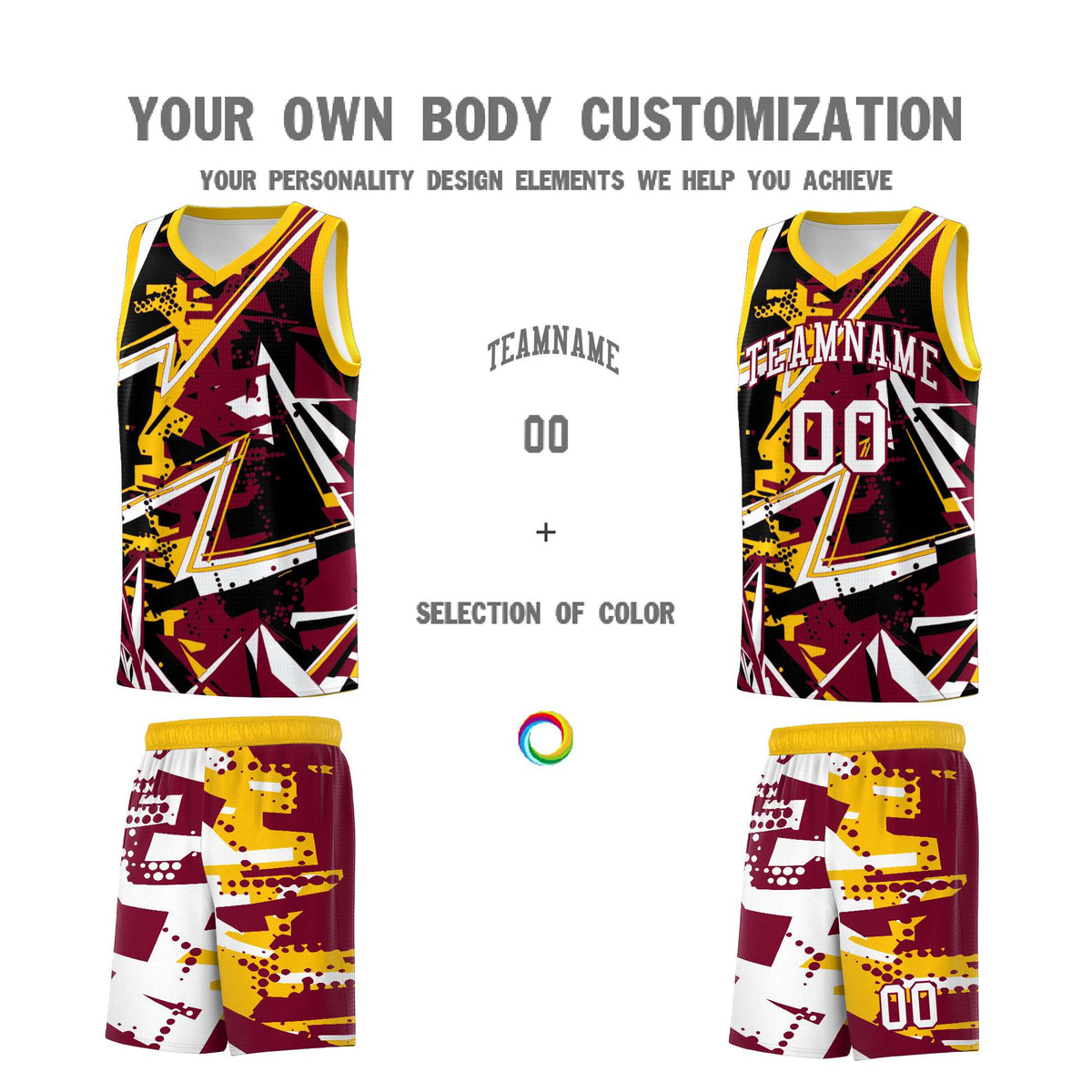 Custom Youth Basketball Jerseys Crimson Yellow Abstract Graffiti Urban Style Personalized Uniform