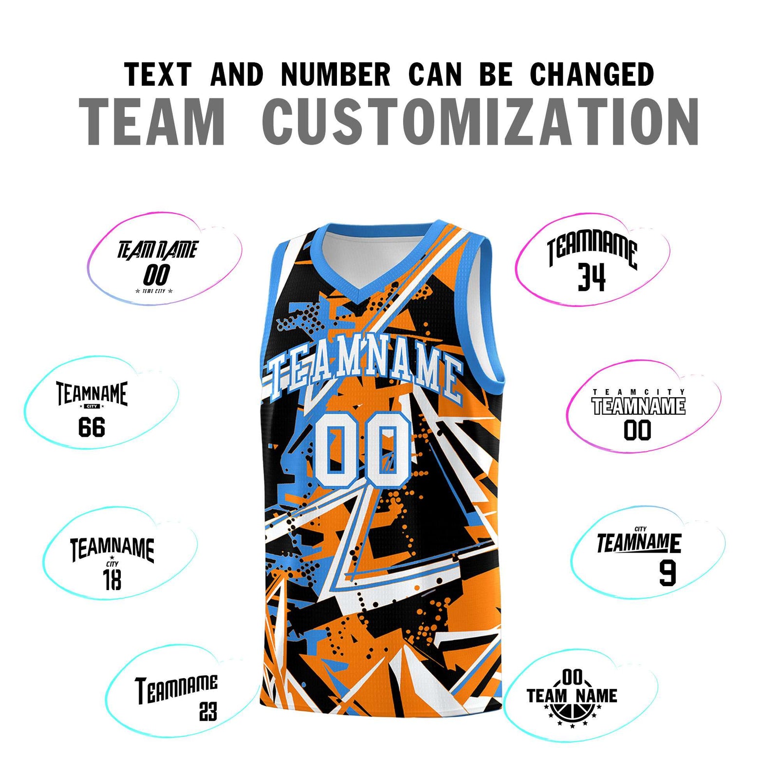 Custom Youth Basketball Jerseys Orange Light Blue Abstract Graffiti Personalized Street Style Uniform