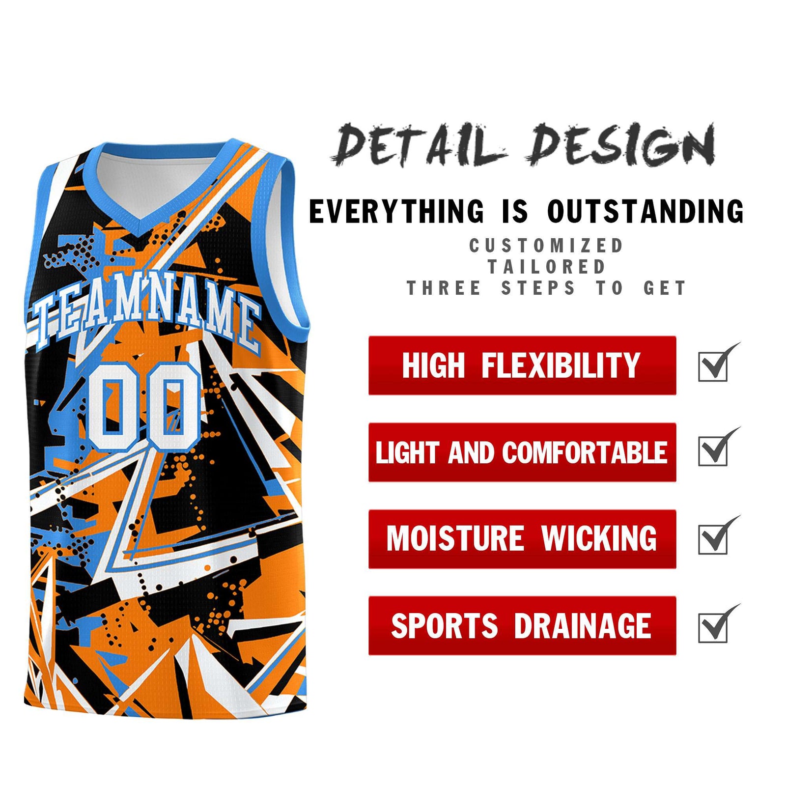 Custom Youth Basketball Jerseys Orange Light Blue Abstract Graffiti Personalized Street Style Uniform