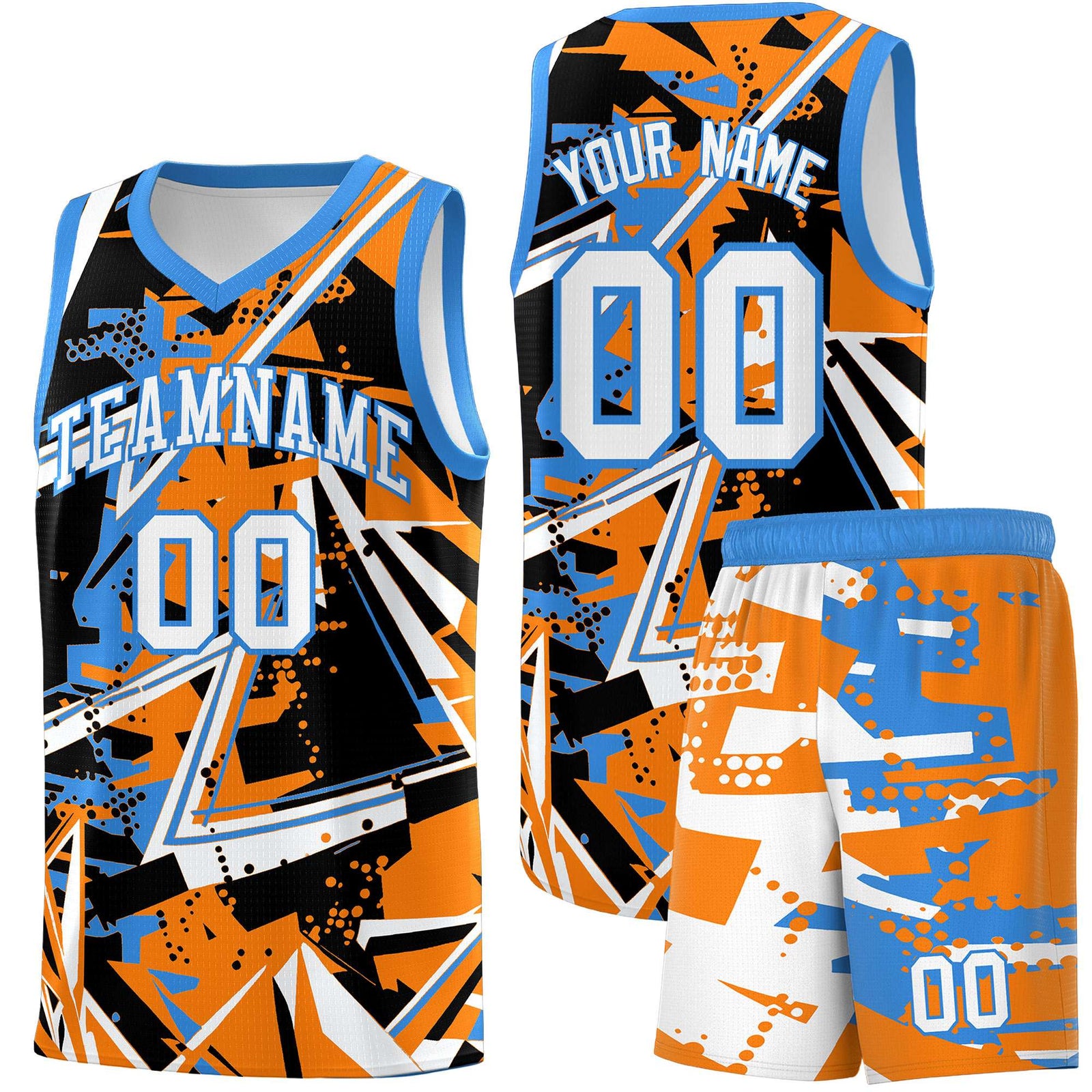 Custom Youth Basketball Jerseys Orange Light Blue Abstract Graffiti Personalized Street Style Uniform