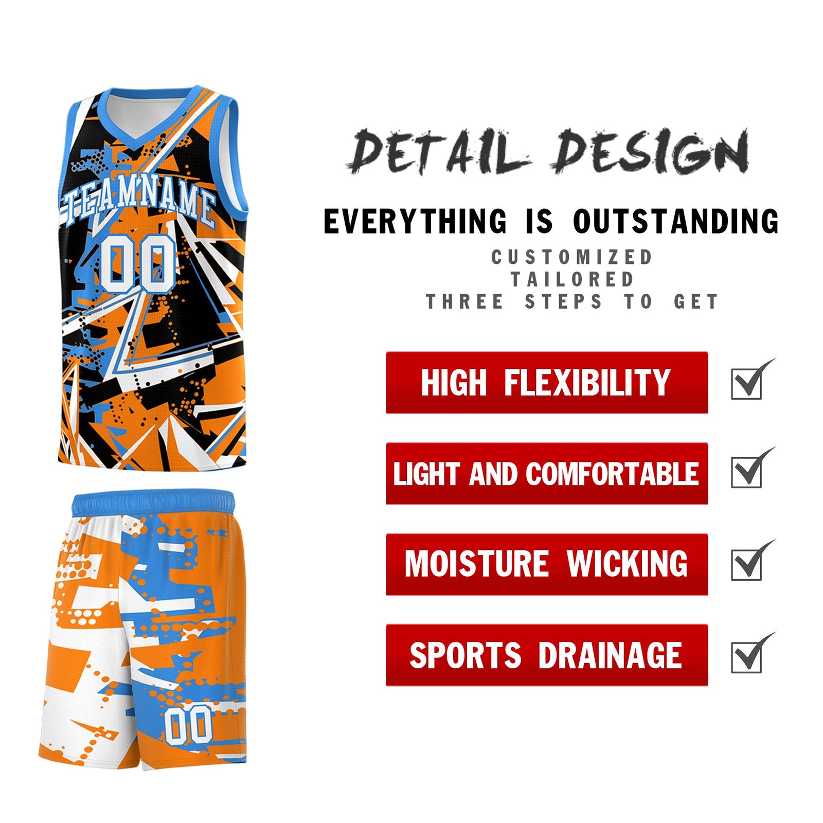 Custom Youth Basketball Jerseys Orange Light Blue Abstract Graffiti Personalized Street Style Uniform