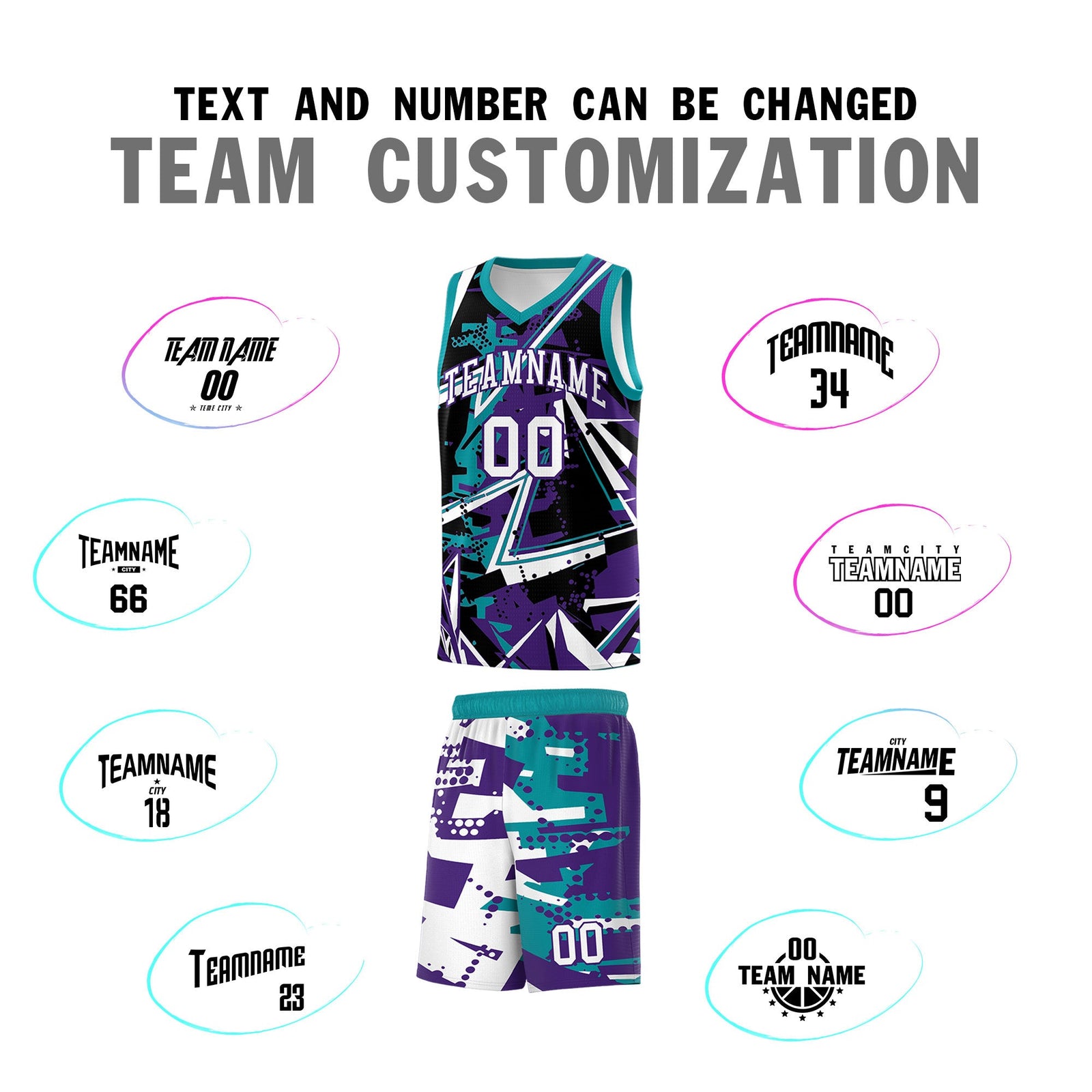Custom Youth Basketball Jerseys Purple Teal Abstract Graffiti Urban Style Personalized Uniform