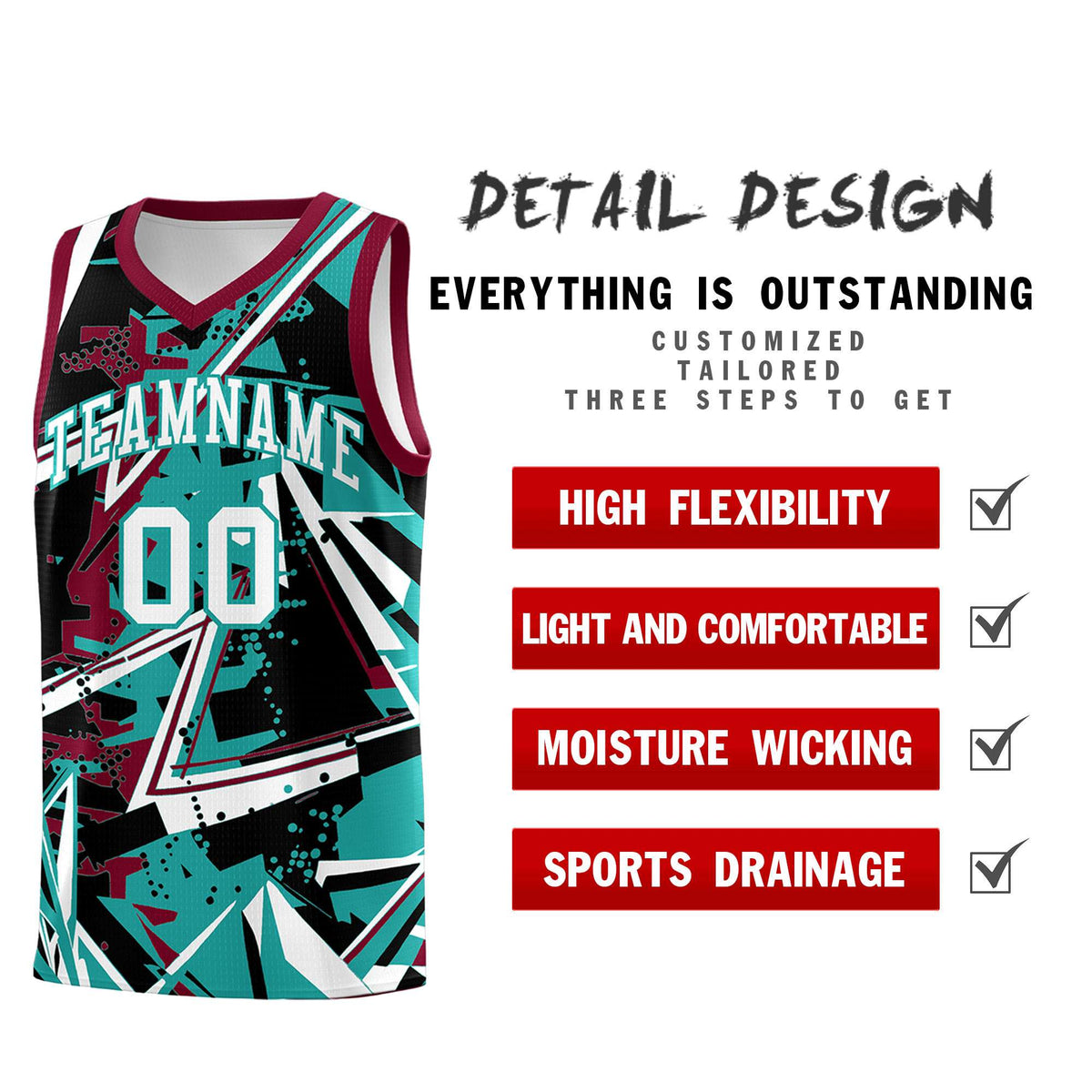 Custom Youth Basketball Jerseys Teal Crimson Abstract Graffiti Personalized Team Name &amp; Number