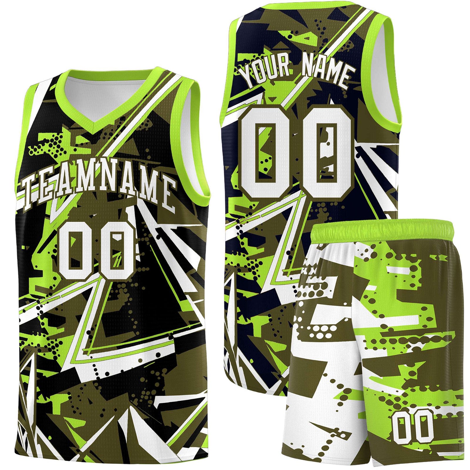 Custom Youth Basketball Jerseys Olive Neon Green Abstract Graffiti Personalized Street Style Uniform