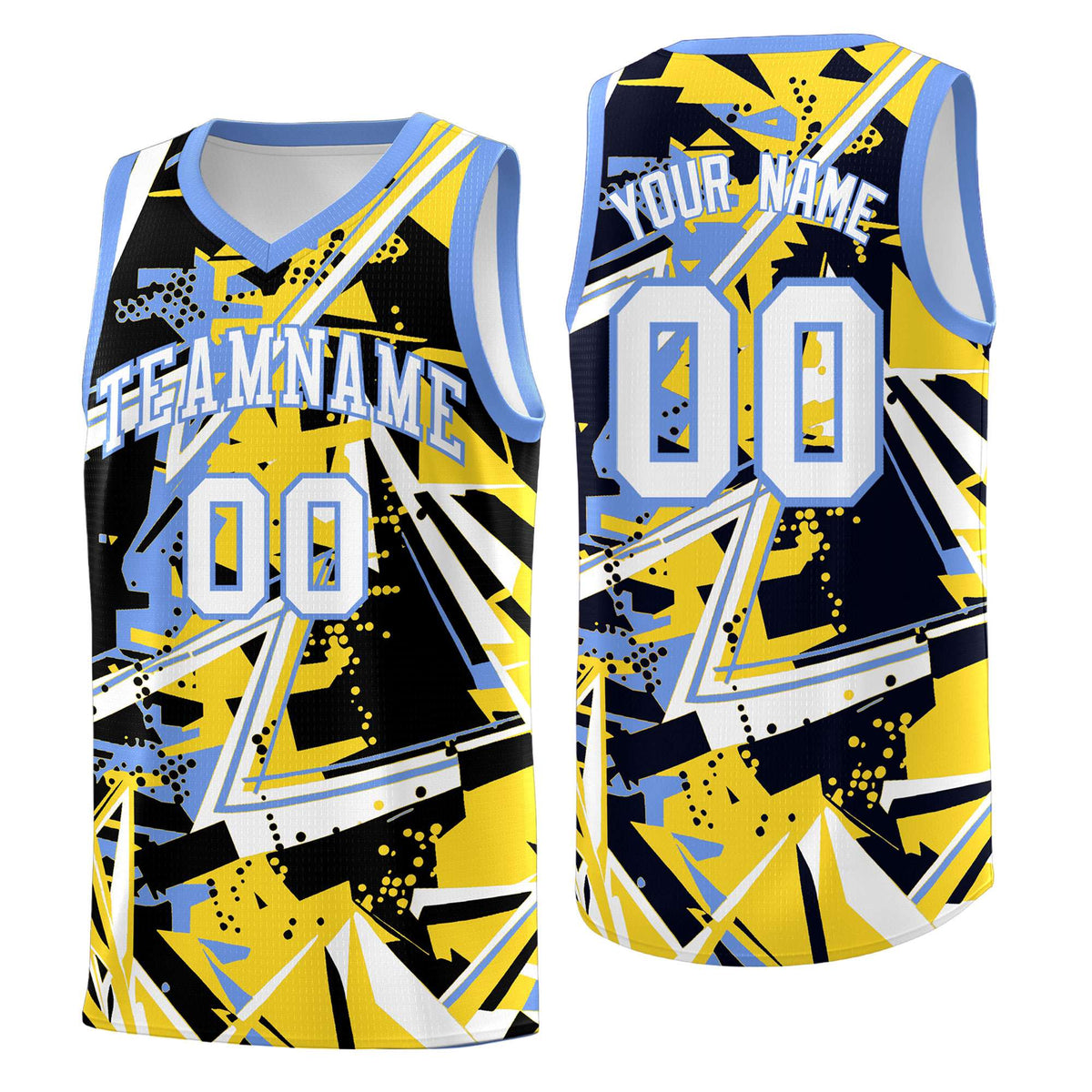 Custom Youth Basketball Jerseys Gold Light Blue Abstract Graffiti Urban Style Personalized Uniform