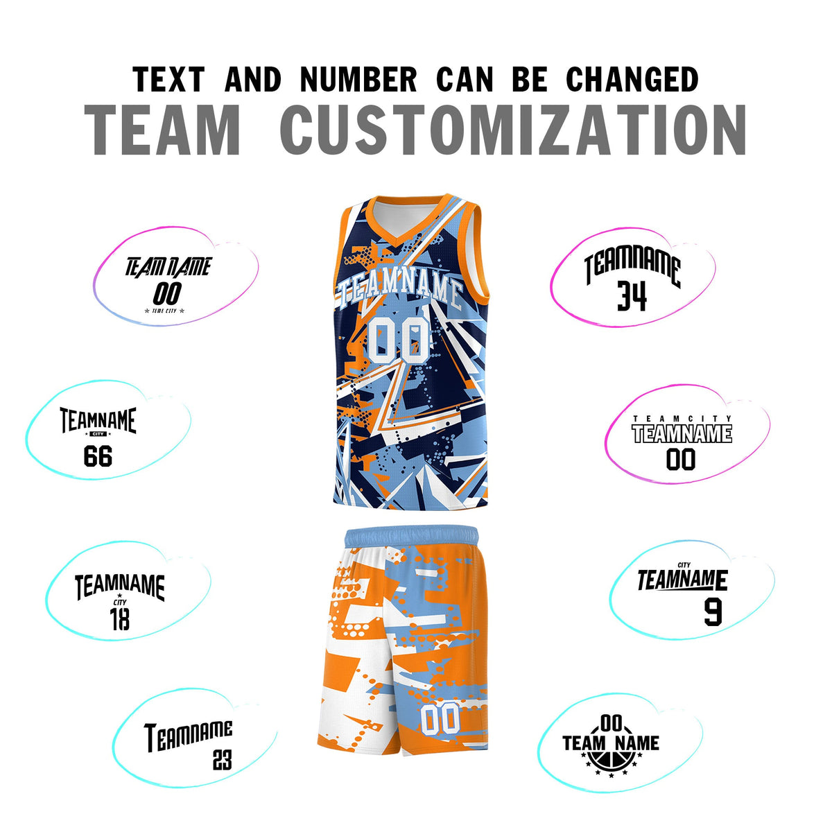 Custom Youth Basketball Jerseys Powder Blue Orange Abstract Graffiti Personalized Team Name &amp; Number
