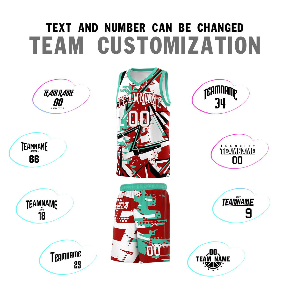 Custom Youth Basketball Jerseys Red Bright Green Abstract Graffiti Personalized Team Name &amp; Number