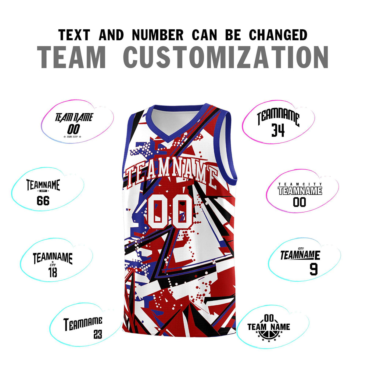 Custom Youth Basketball Jerseys Red Royal Abstract Graffiti Personalized Street Style Uniform