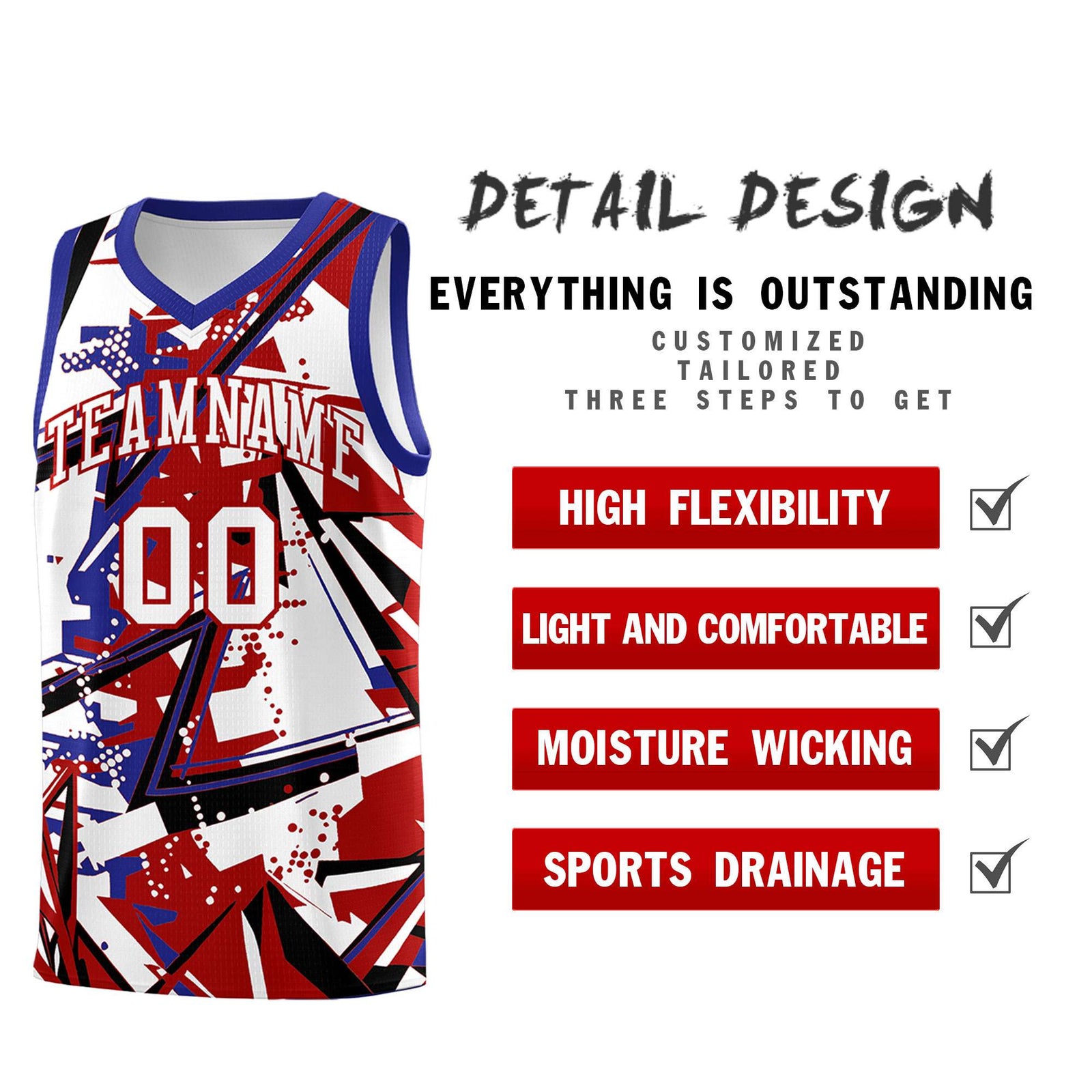 Custom Youth Basketball Jerseys Red Royal Abstract Graffiti Personalized Street Style Uniform