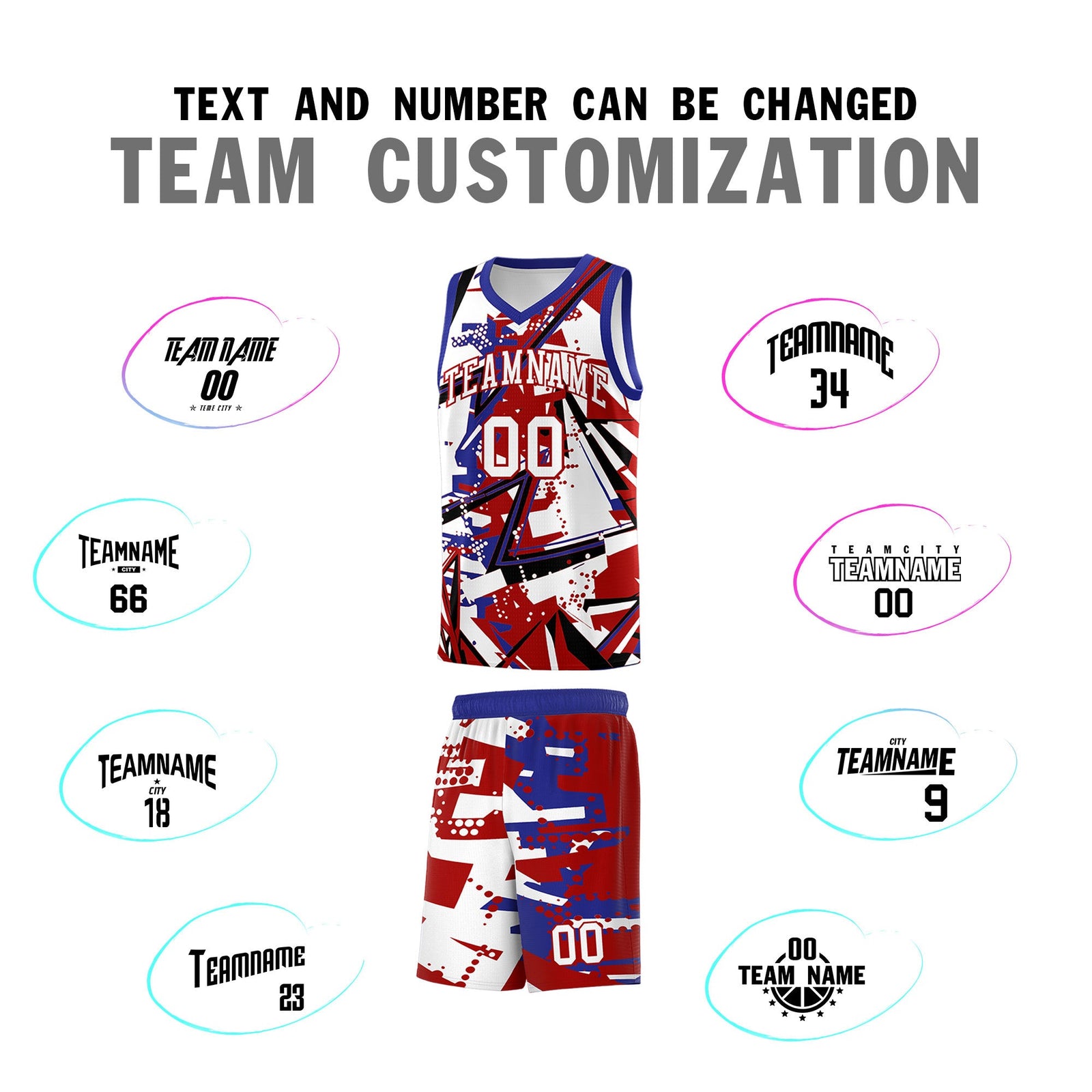 Custom Youth Basketball Jerseys Red Royal Abstract Graffiti Personalized Street Style Uniform