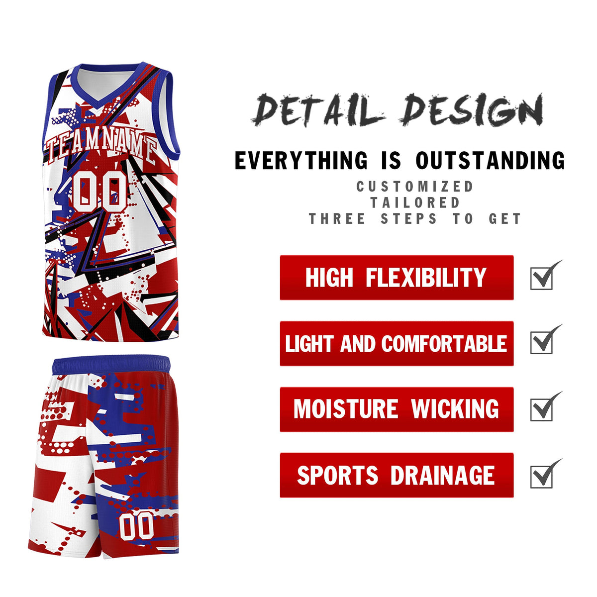 Custom Youth Basketball Jerseys Red Royal Abstract Graffiti Personalized Street Style Uniform