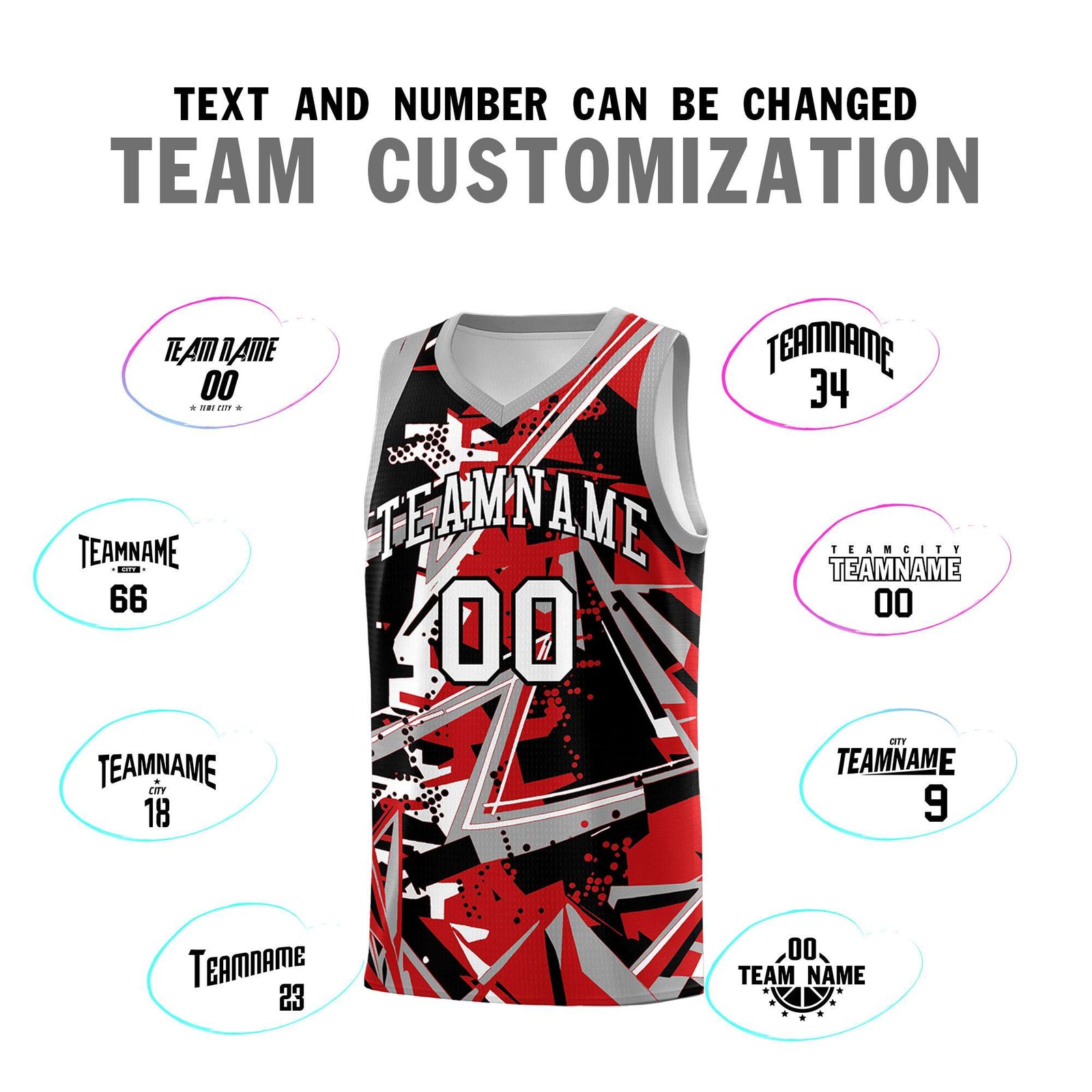 Custom Youth Basketball Jerseys Red Gray Abstract Graffiti Personalized Team Name & Number