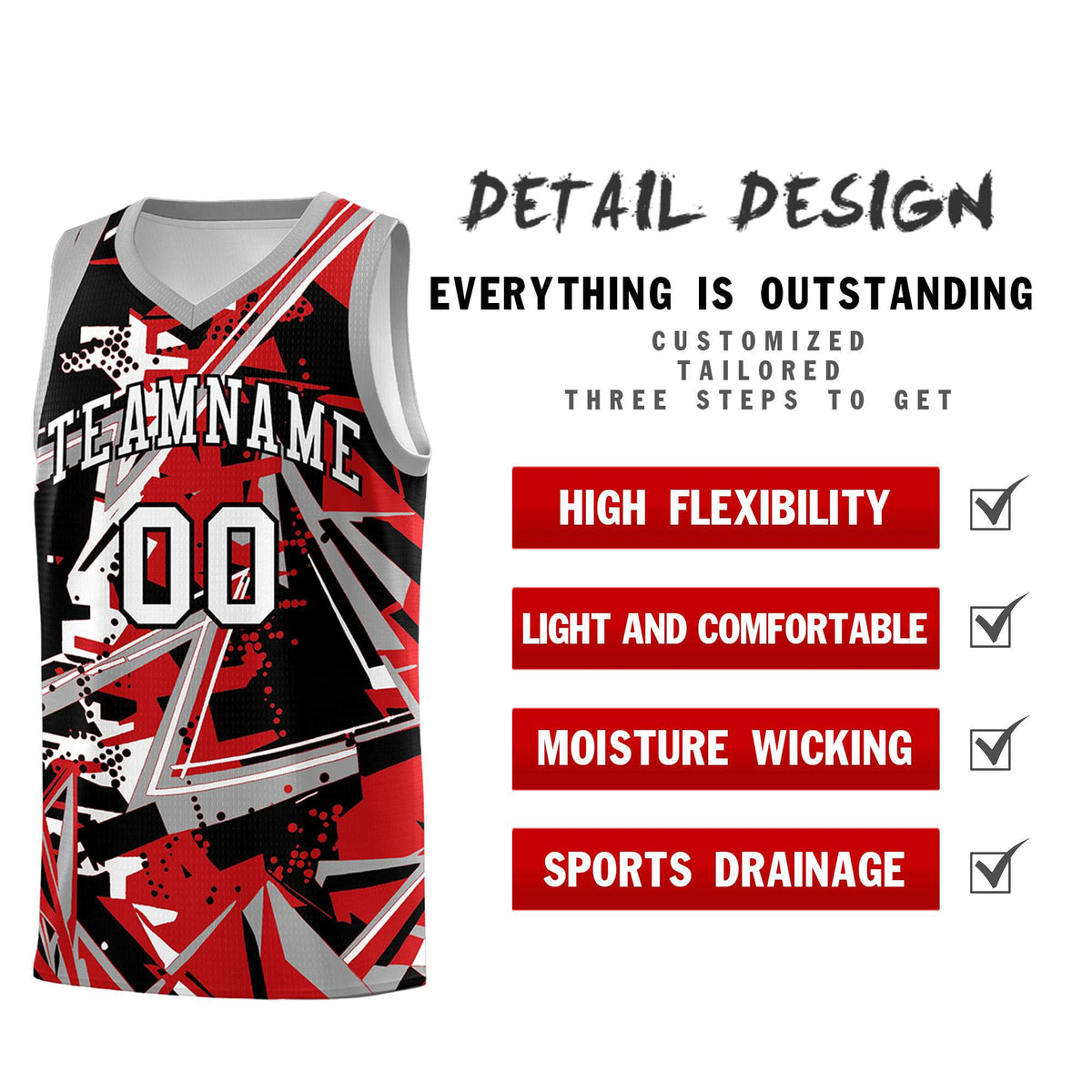 Custom Youth Basketball Jerseys Red Gray Abstract Graffiti Personalized Team Name &amp; Number