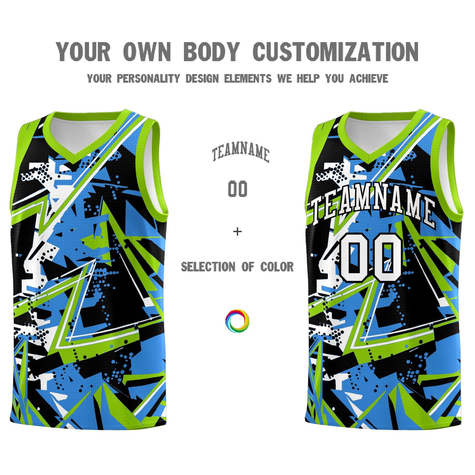 Custom Youth Basketball Jerseys Light Blue Neon Green Abstract Graffiti Personalized Street Style Uniform