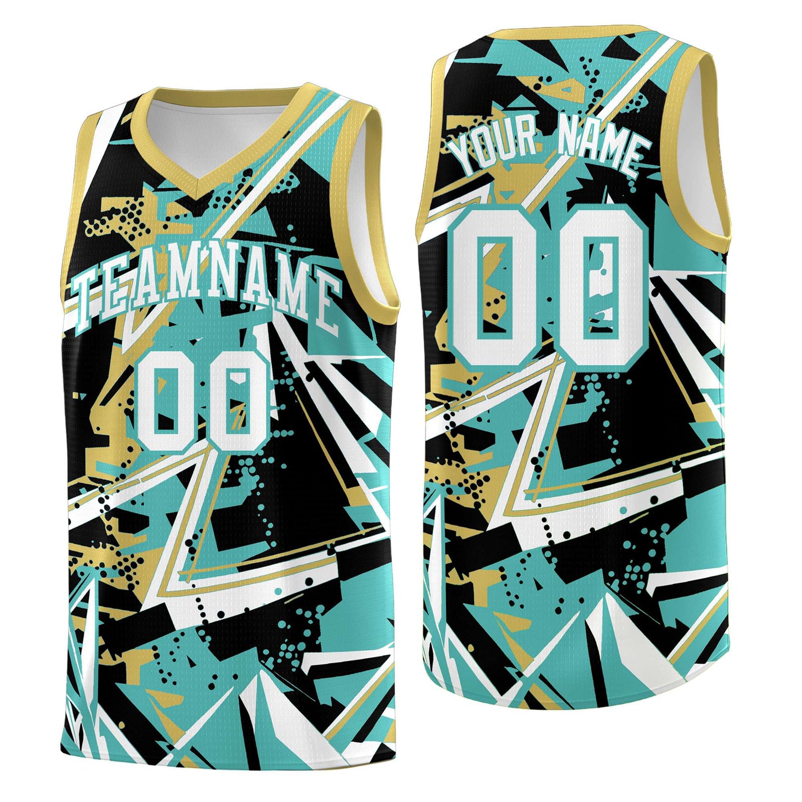 Custom Youth Basketball Jerseys Teal Old Gold Abstract Graffiti Personalized Street Style Uniform