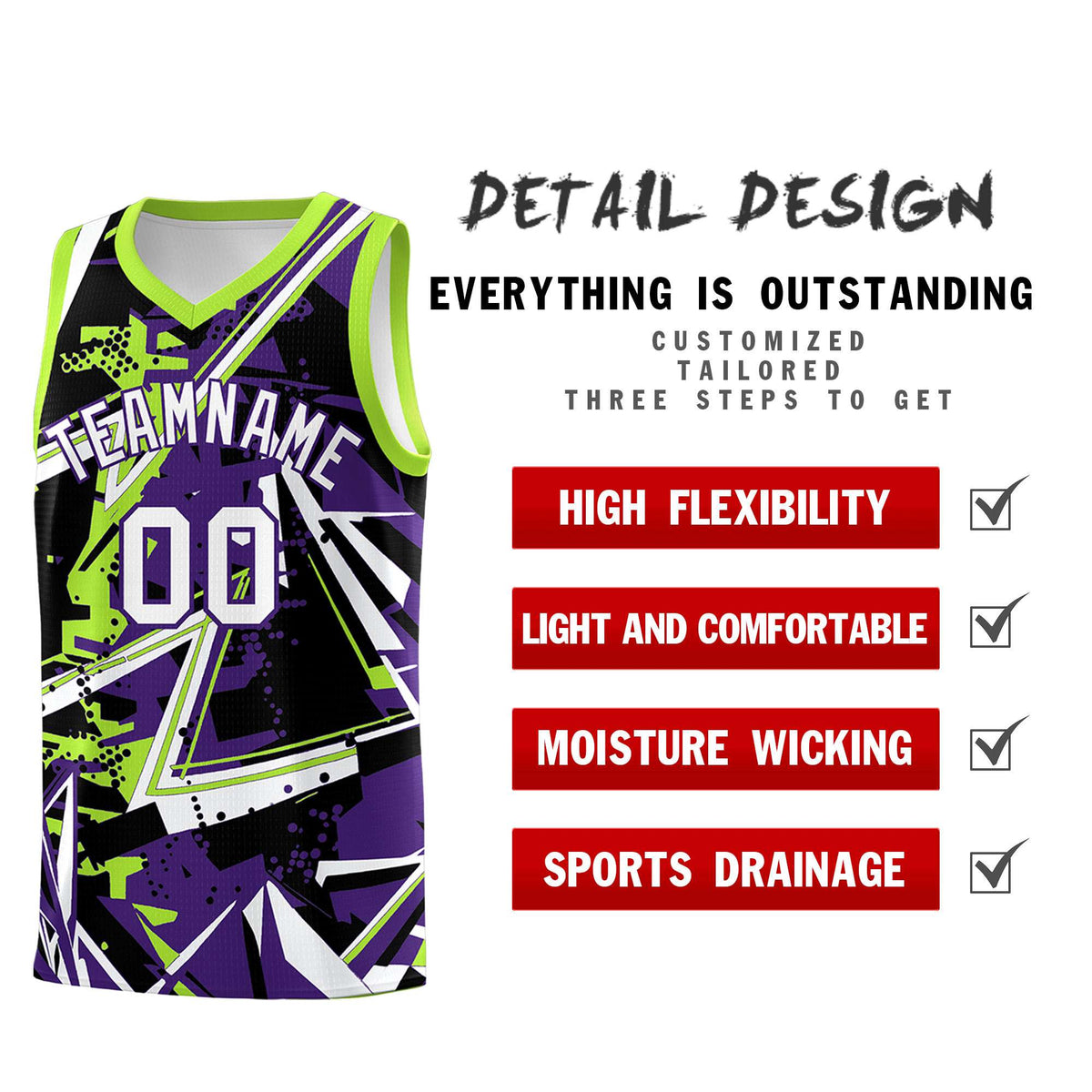 Custom Youth Basketball Jerseys Purple Neon Green Abstract Graffiti Personalized Team Name &amp; Number