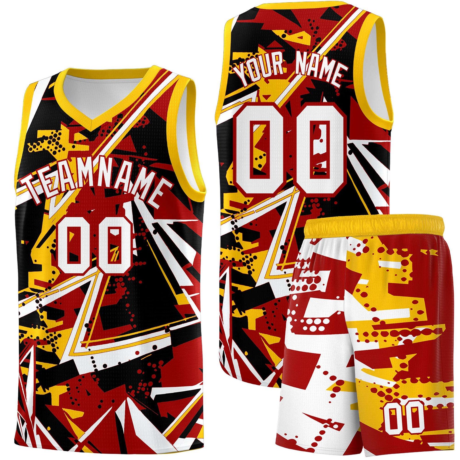 Custom Youth Basketball Jerseys Red Yellow Abstract Graffiti Personalized Street Style Uniform