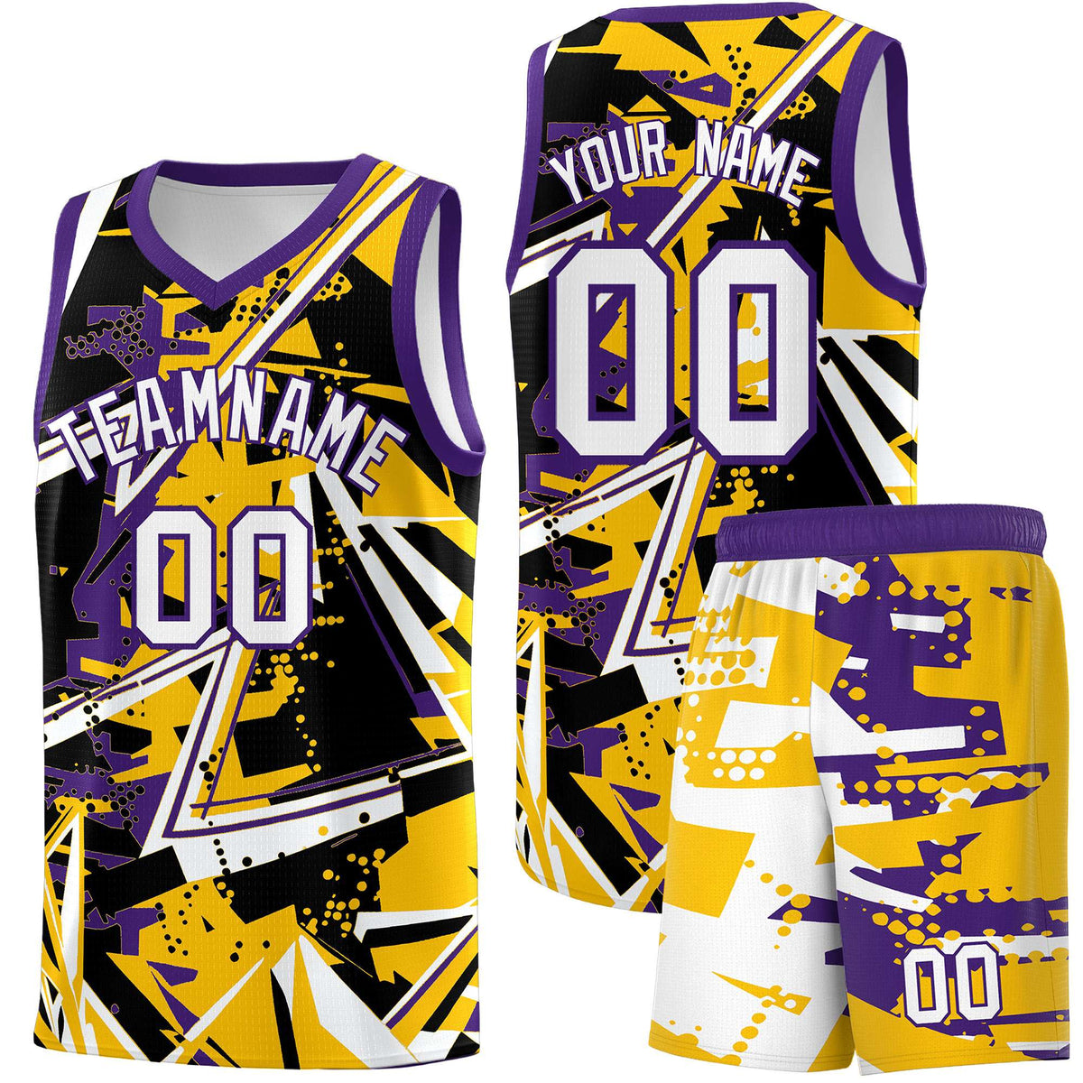 Custom Youth Basketball Jerseys Yellow Purple Abstract Graffiti Personalized Team Name &amp; Number