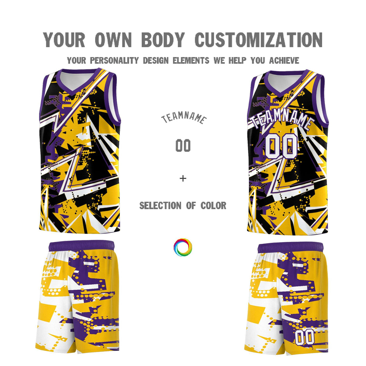 Custom Youth Basketball Jerseys Yellow Purple Abstract Graffiti Personalized Team Name &amp; Number