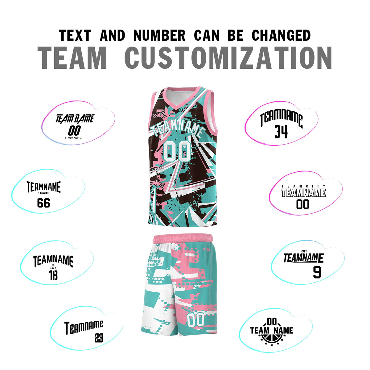 Custom Youth Basketball Jerseys Teal Pink Abstract Graffiti Urban Style Personalized Uniform