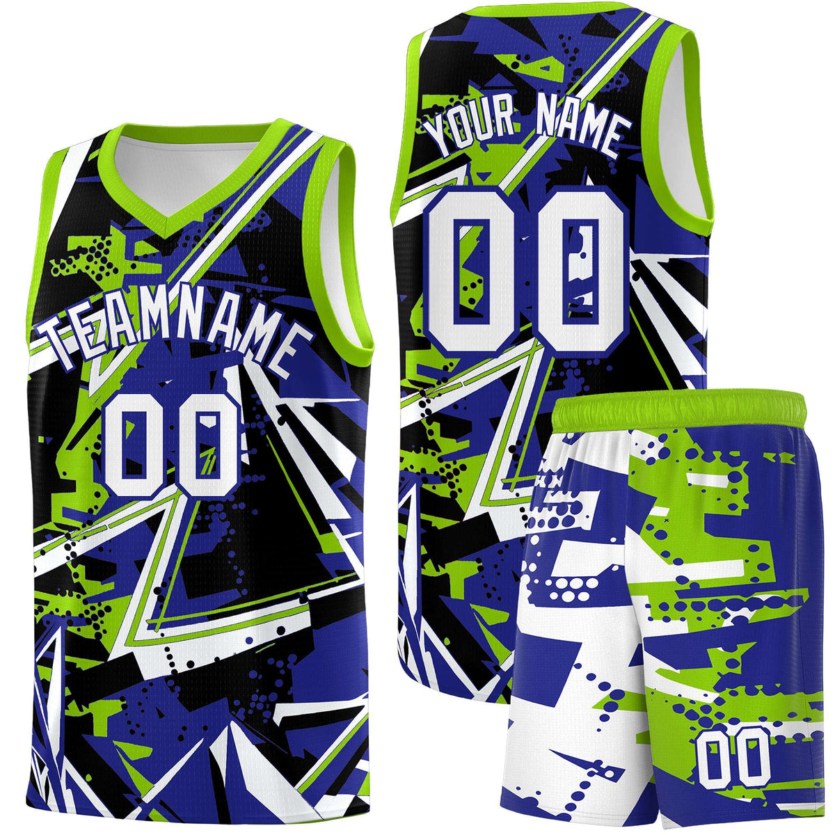 Custom Youth Basketball Jerseys Royal Neon Green Abstract Graffiti Urban Style Personalized Uniform