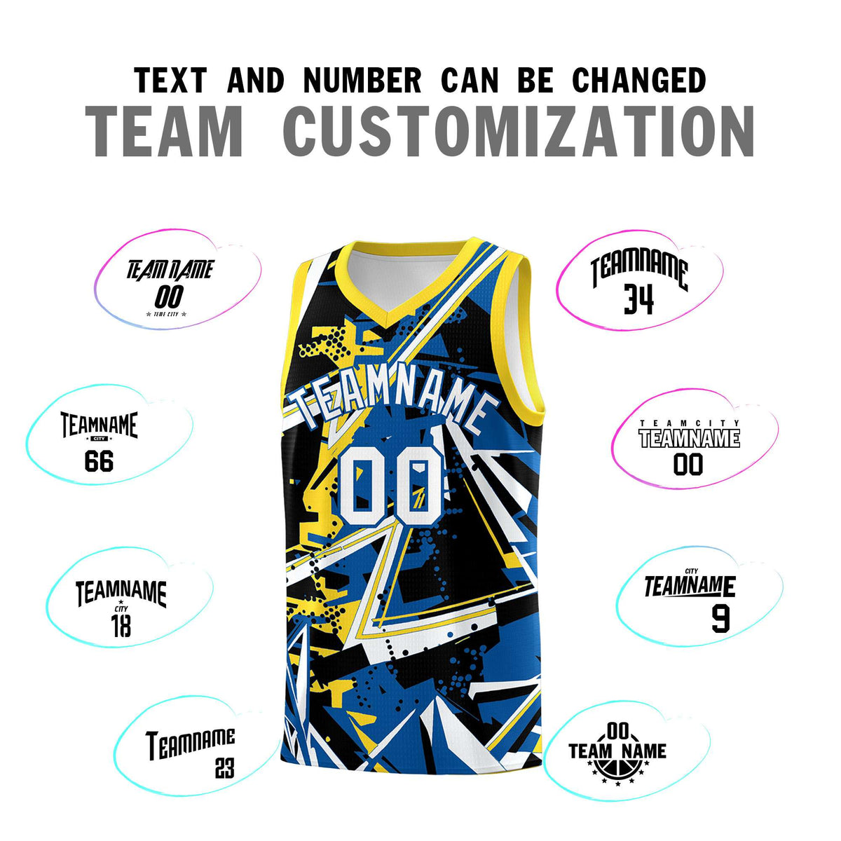 Custom Youth Basketball Jerseys Royal Gold Abstract Graffiti Personalized Team Name &amp; Number