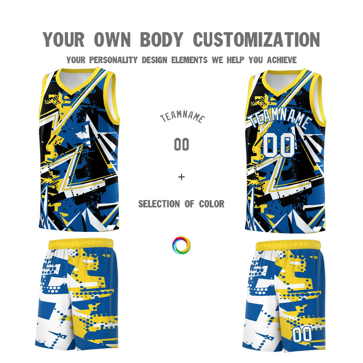 Custom Youth Basketball Jerseys Royal Gold Abstract Graffiti Personalized Team Name &amp; Number