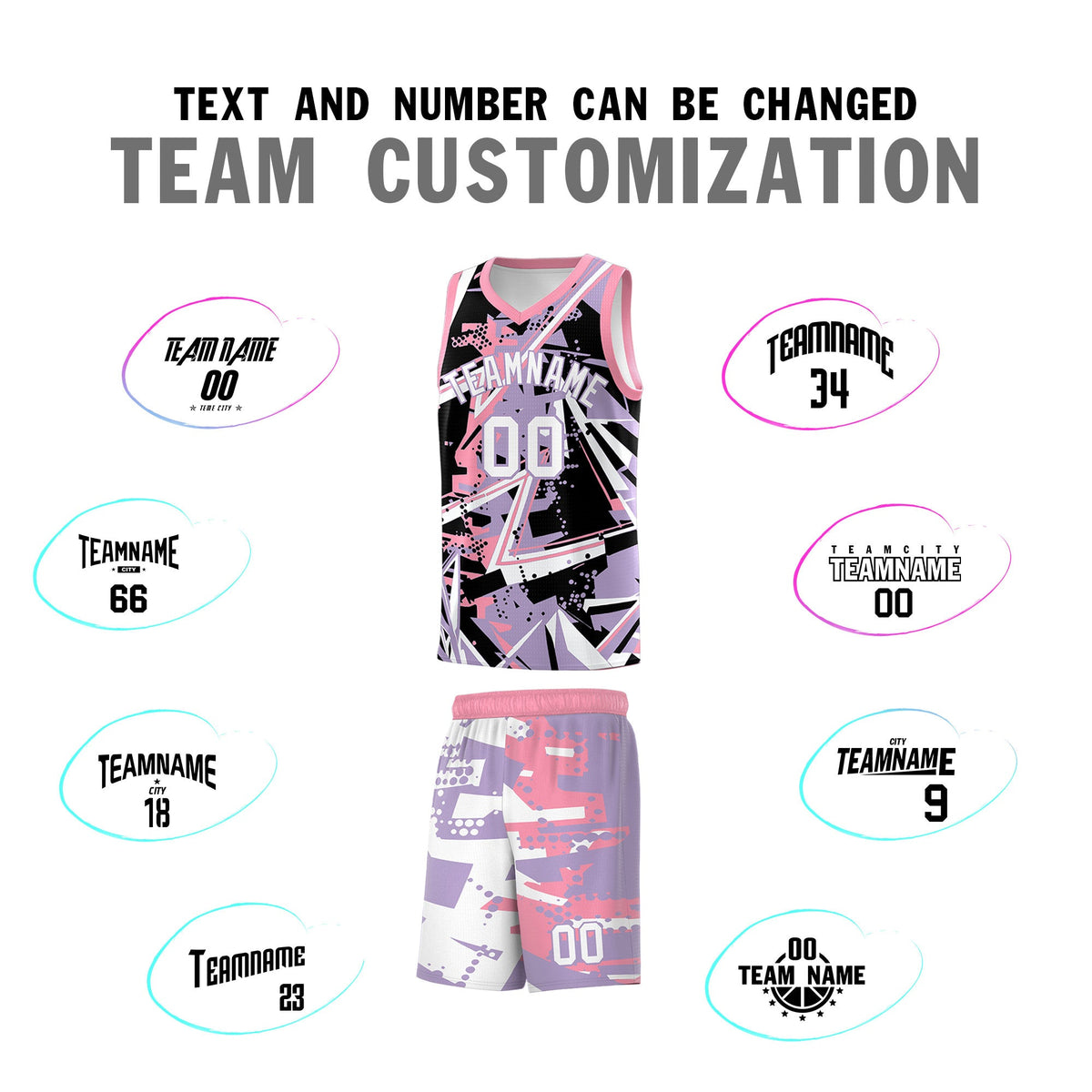Custom Youth Basketball Jerseys Light Purple Pink Abstract Graffiti Personalized Team Name &amp; Number