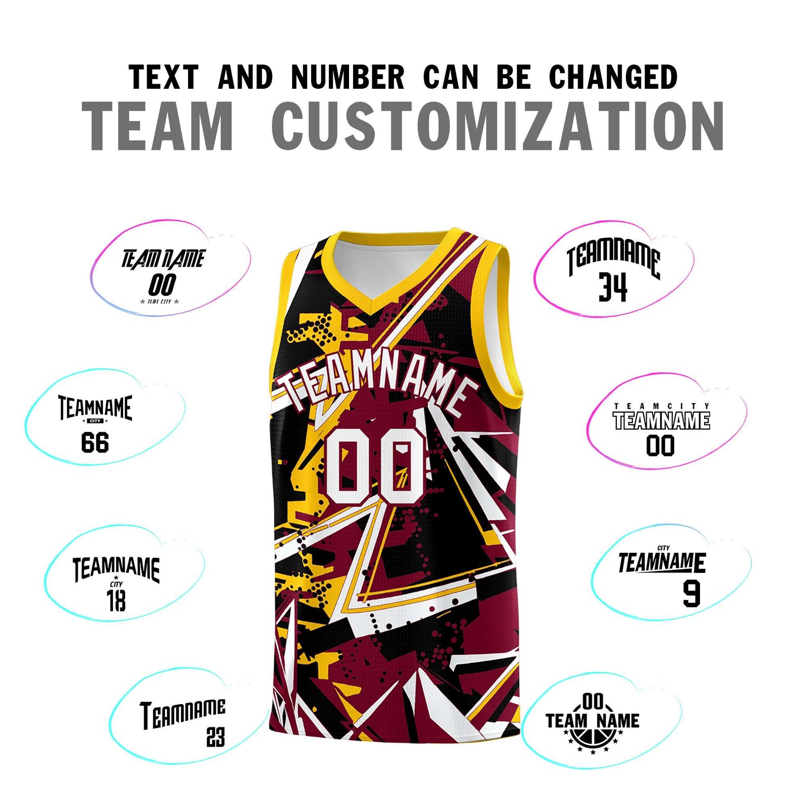 Custom Youth Basketball Jerseys Crimson Yellow Abstract Graffiti Urban Style Personalized Uniform