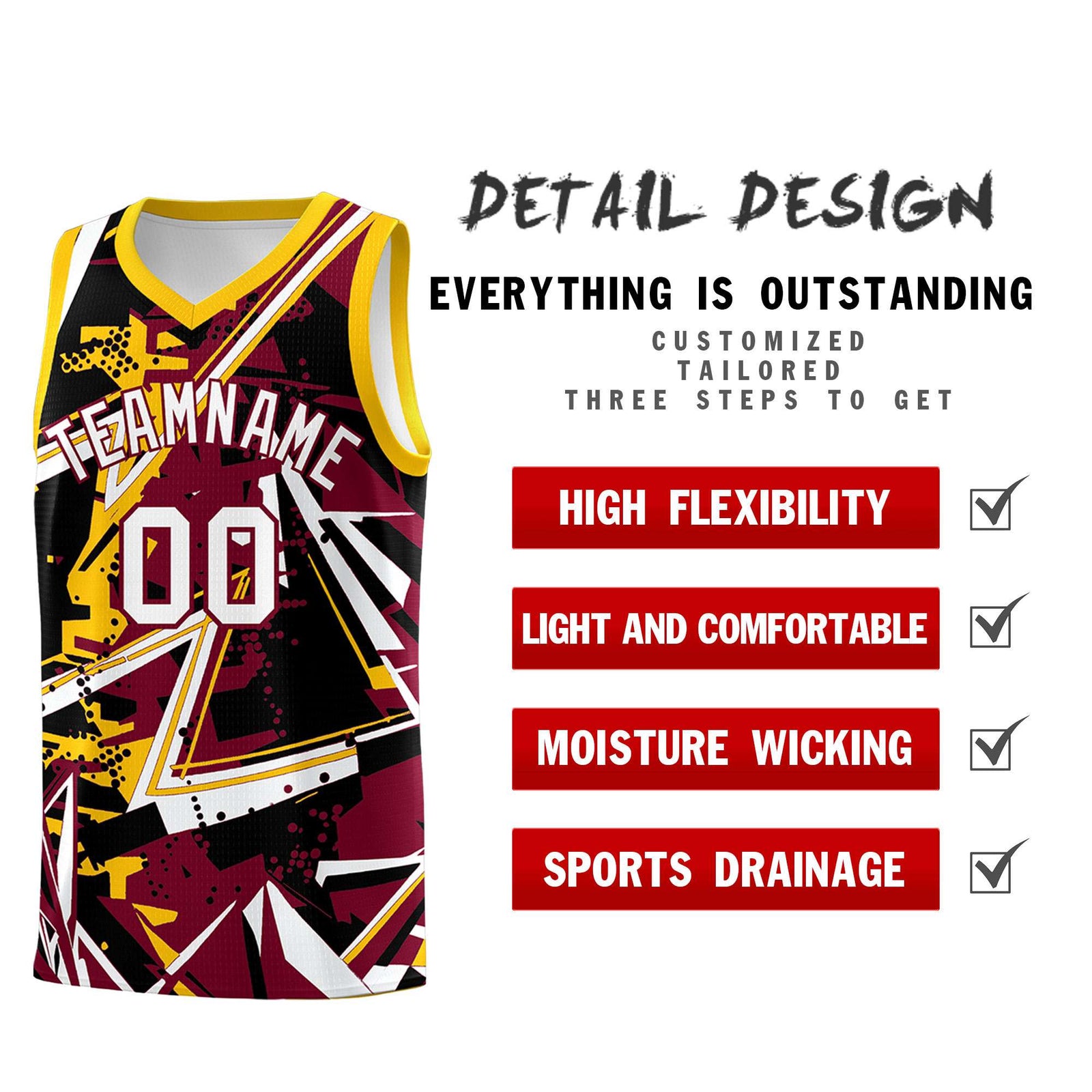 Custom Youth Basketball Jerseys Crimson Yellow Abstract Graffiti Urban Style Personalized Uniform