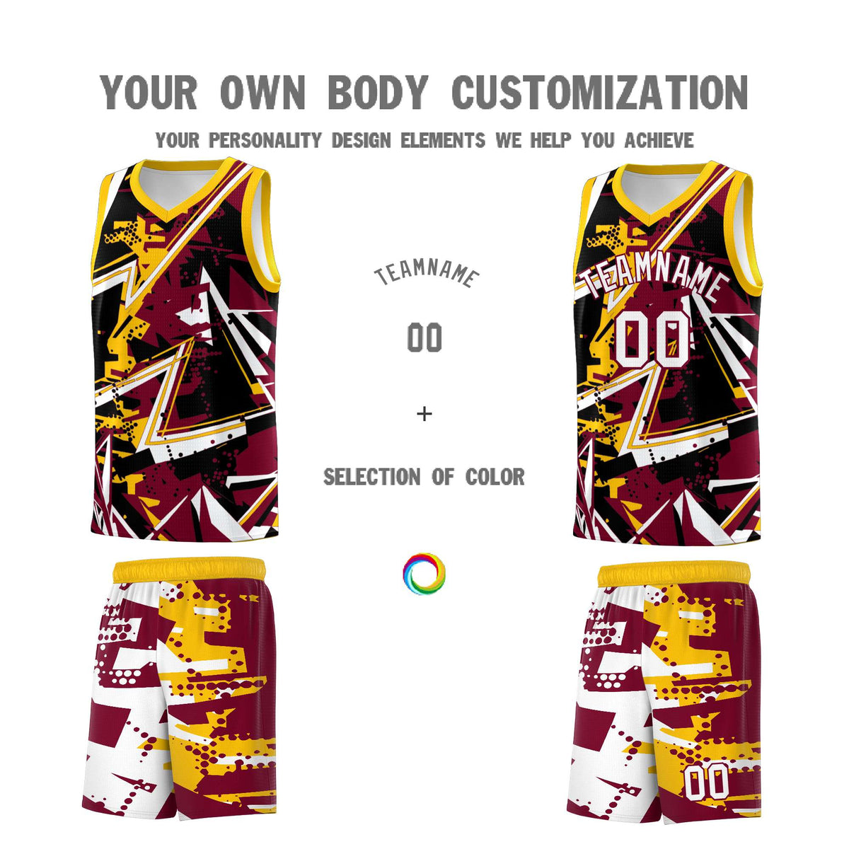 Custom Youth Basketball Jerseys Crimson Yellow Abstract Graffiti Urban Style Personalized Uniform