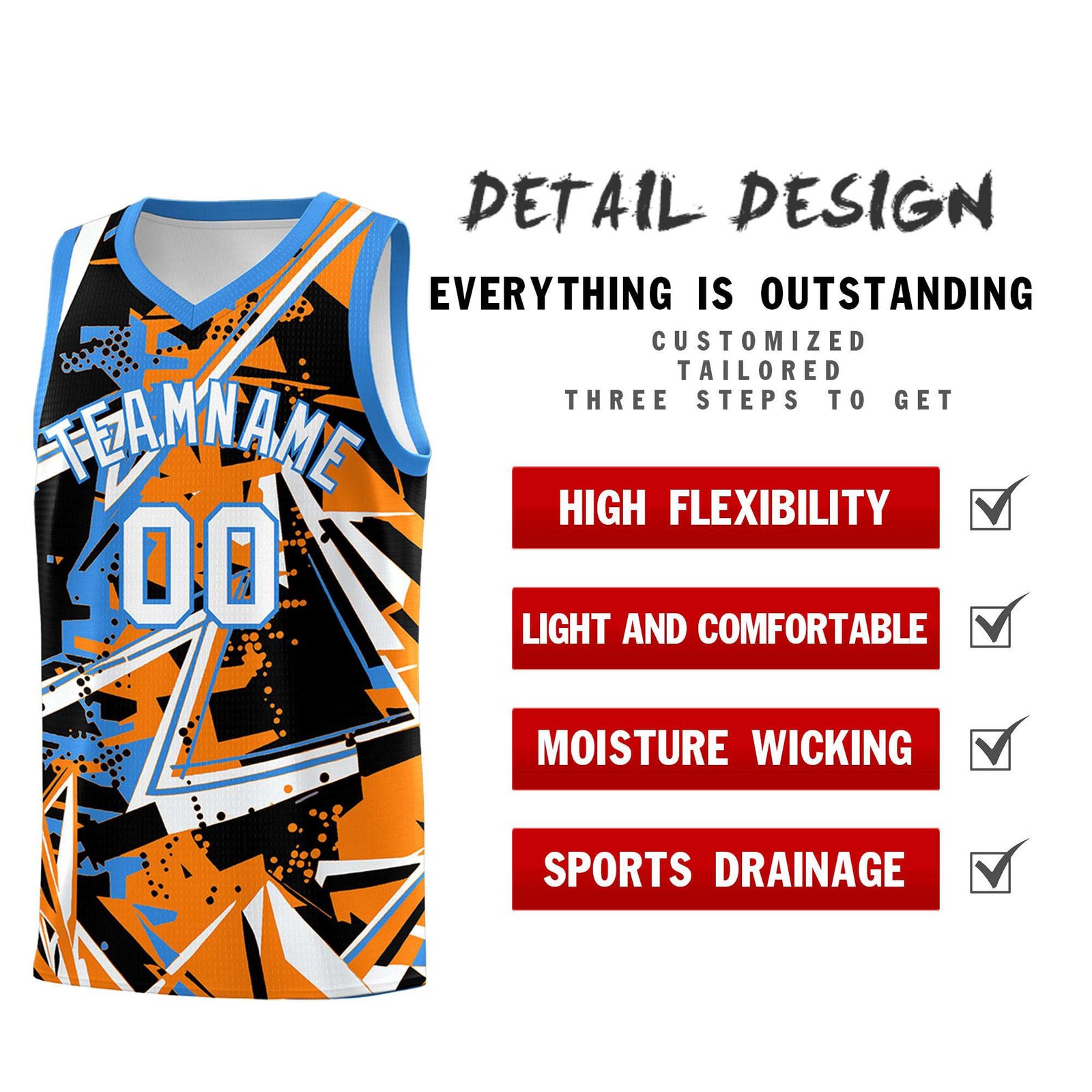 Custom Youth Basketball Jerseys Orange Light Blue Abstract Graffiti Personalized Street Style Uniform