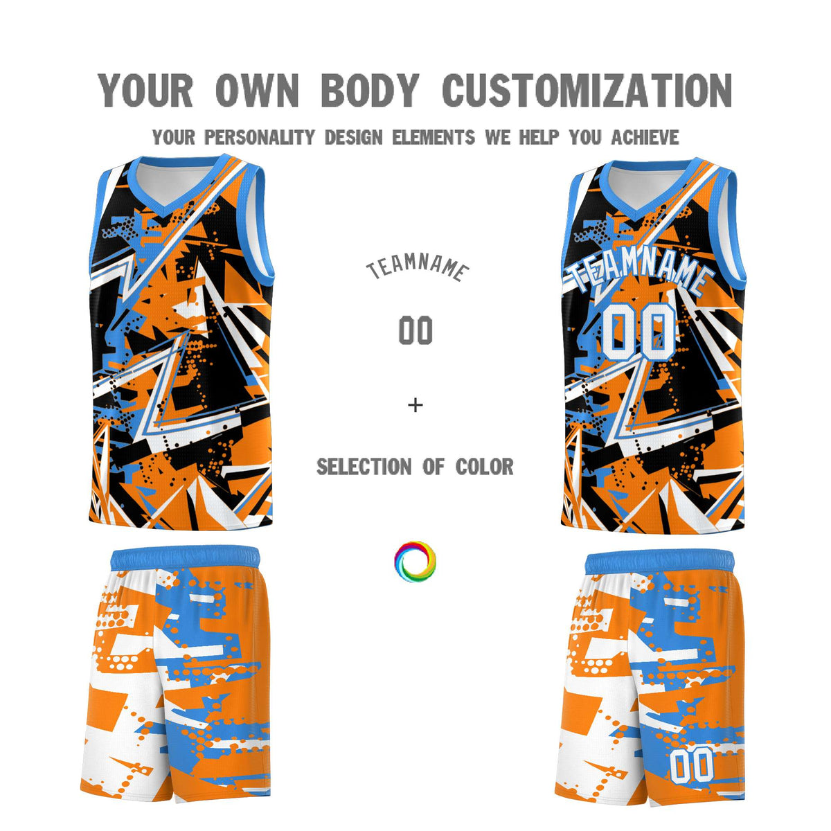 Custom Youth Basketball Jerseys Orange Light Blue Abstract Graffiti Personalized Street Style Uniform