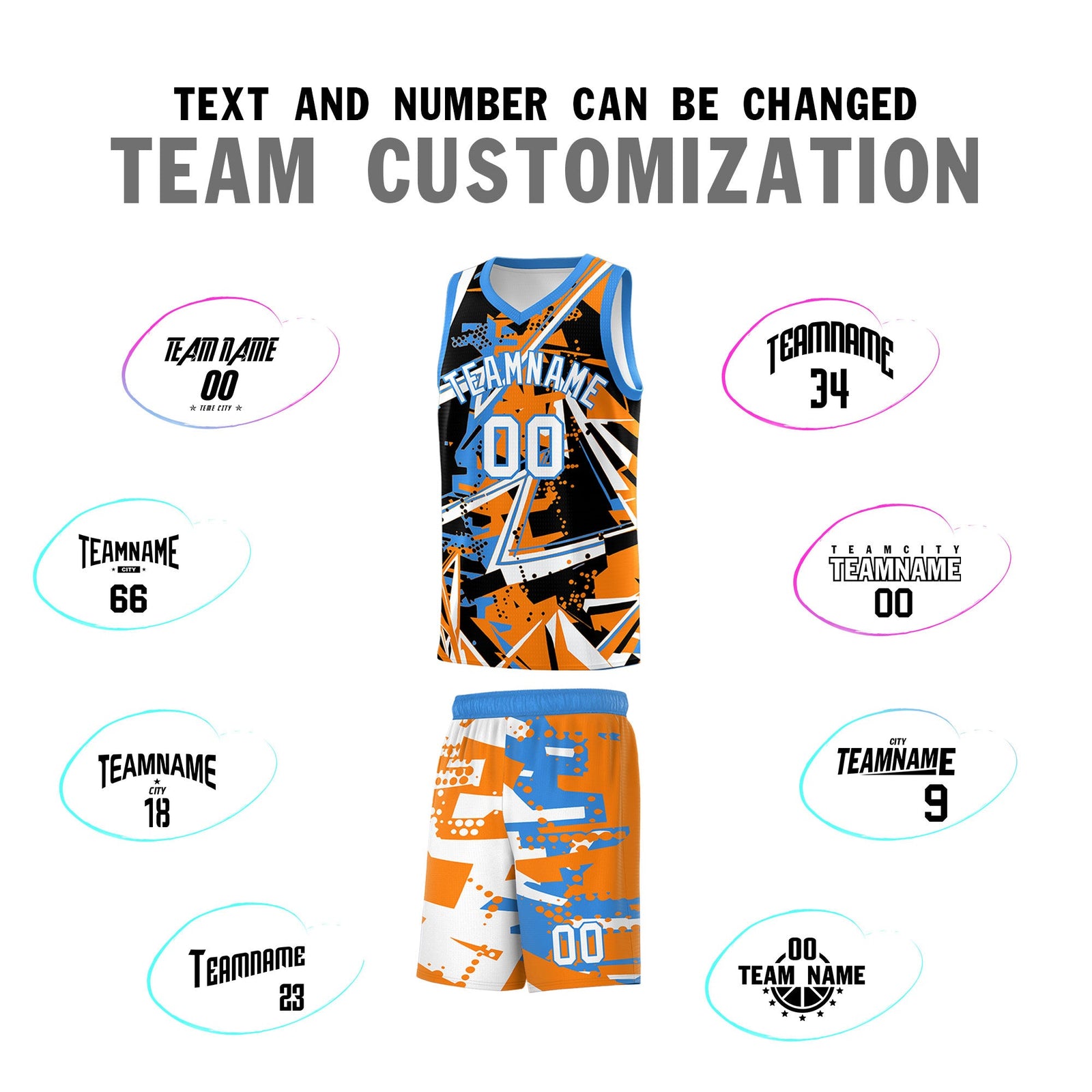 Custom Youth Basketball Jerseys Orange Light Blue Abstract Graffiti Personalized Street Style Uniform