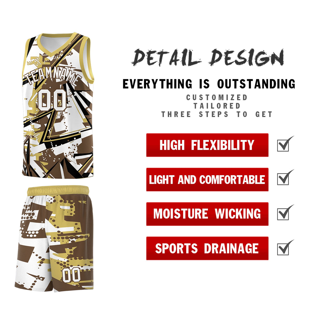 Custom Youth Basketball Jerseys Light Brown Old Gold Abstract Graffiti Personalized Team Name &amp; Number