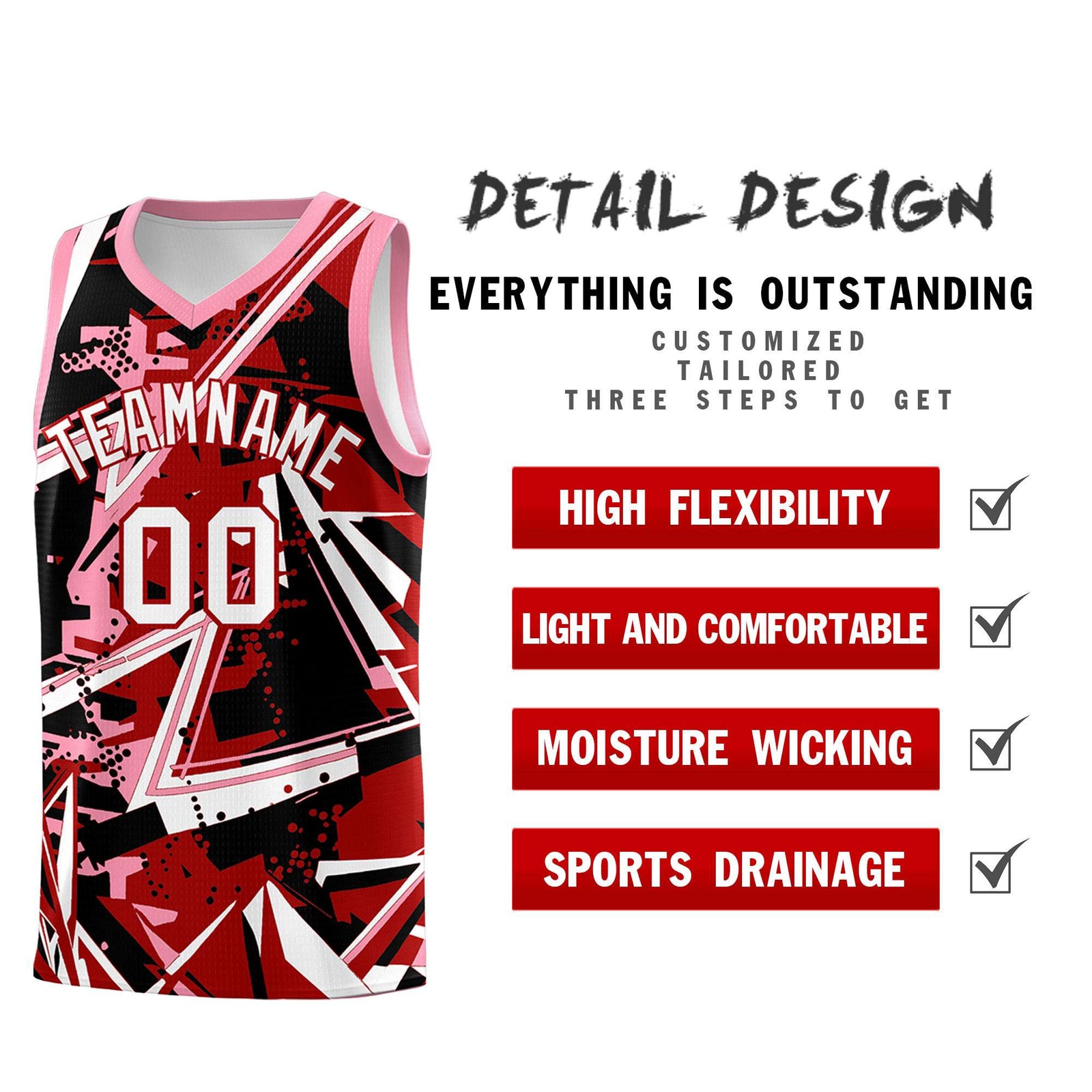Custom Youth Basketball Jerseys Red Light Pink Abstract Graffiti Personalized Street Style Uniform